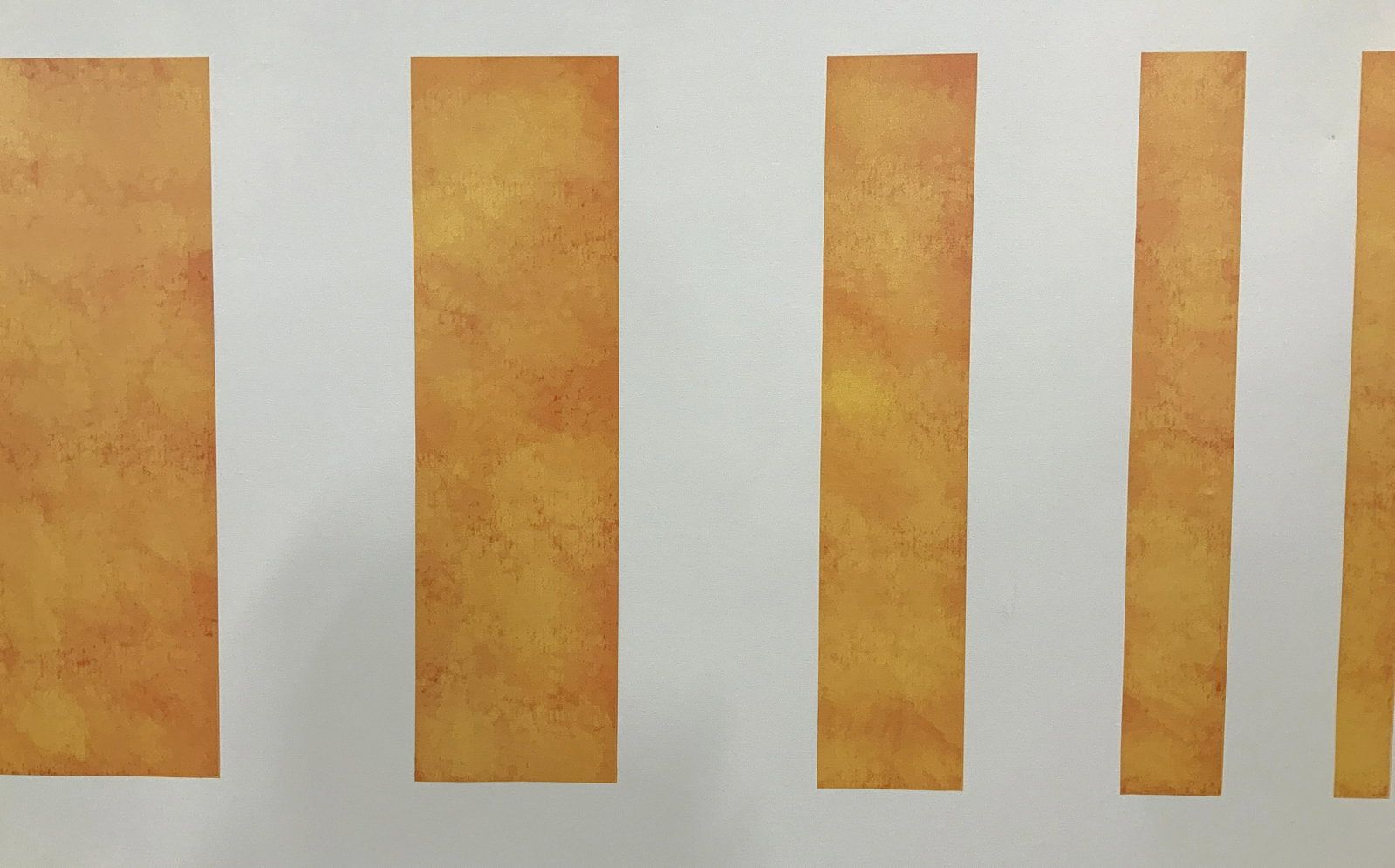 Oversized Abstract Canvas Print: Oversized Canvas Print, minimalist style, abstract, subject five orange rectangles growing smaller in size in a pink and white background, some wear to sides of canvas, not framed, no apparent signatu