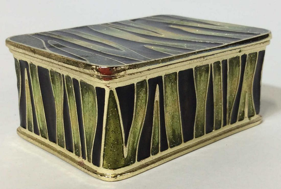 Zebra Stripe Green Jewelry/Trinket Box: Zebra Striped Green Jewelry/Trinket Box. Green and brown stripe pattern. Measures approximately 3 inches long by 2 inches wide x 1 inch deep. No condition issues noticed. Magnetic close, velvet cover 