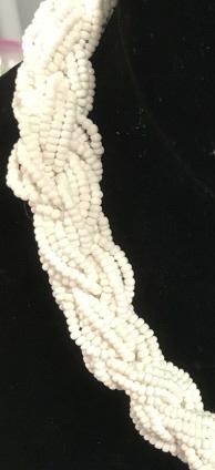 Braided Seed Bead Mid Century Choker: Micro beads hand stung & braided. Button clasp w/ push in snap closure. Necklace app 3/ in. wide. 17 in. long. Mid Century Beaded Necklace, White, Braided Seed Bead Choker, c. 1950s, c. 1960s jewelry,