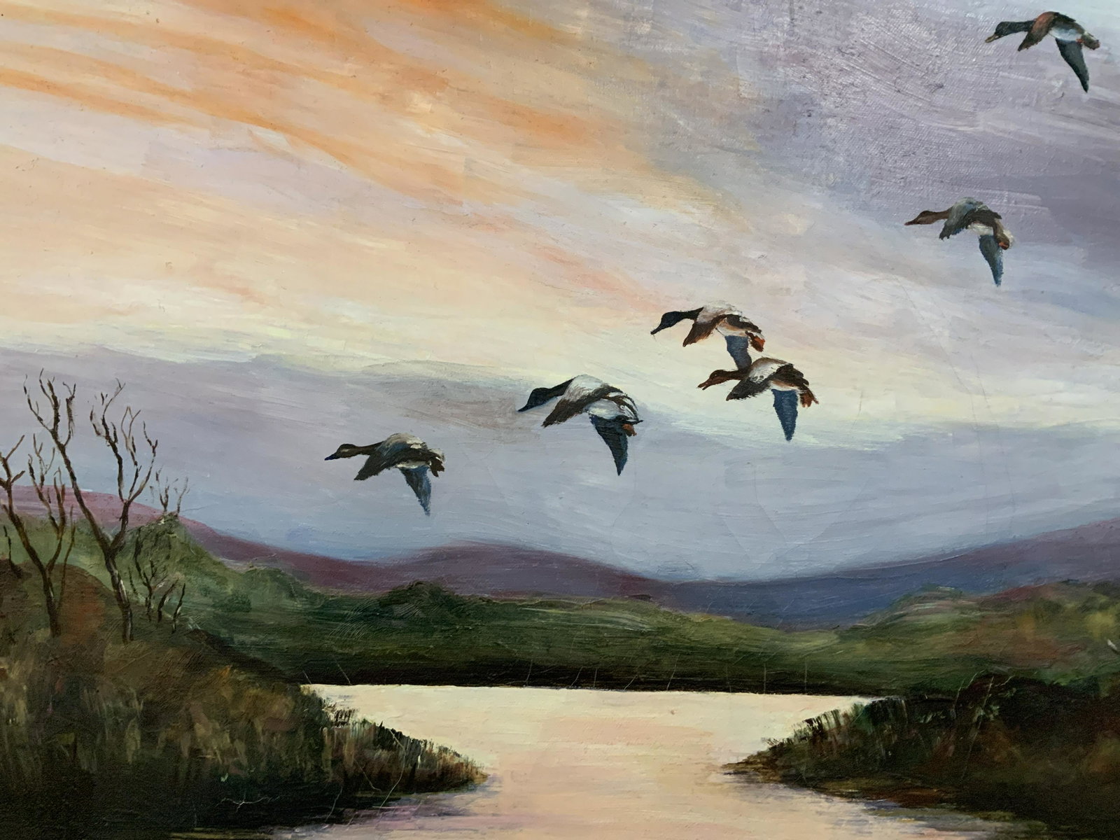Oil on Linen Canvas Scenic Painting: Oil on Linen canvas painting, landscape of water and ducks, warm sunset palette, some cracks to paint, done in a Impressionist style, linen matting, dark marbled wood frame, frame in good condition, n