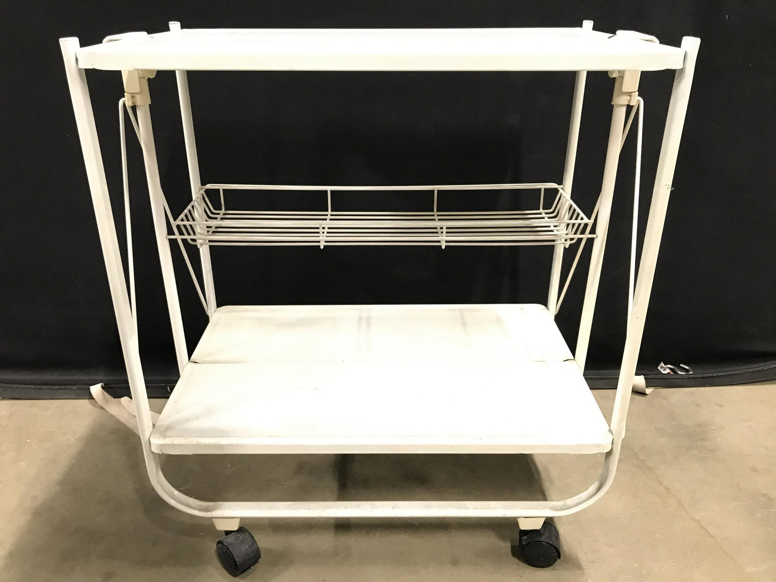 Vintage Metal Beverage Cart: Beverage cart is cream toned. Beverage cart, Bar cart, tea cart, metal bar cart, two tier bar cart. beverage cart Measures approximately 27 inches long 28 inches wide 16 inches deep. 6