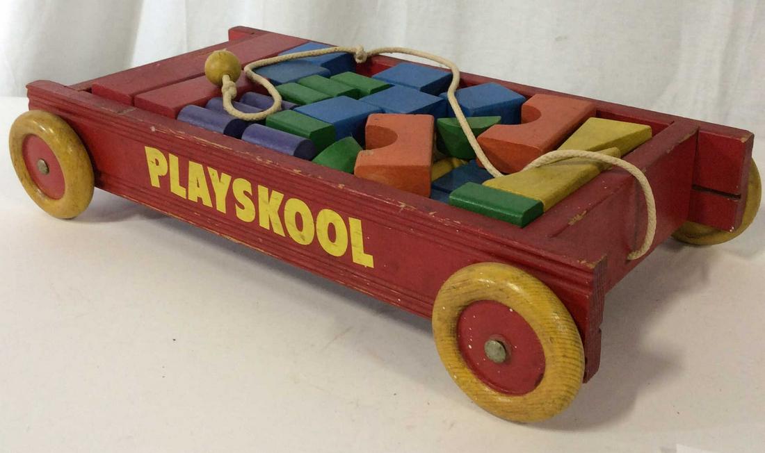 Vintage Playskool Wooden Pull toy and blocks: Vintage wooden pulltoy Labeled Playskool with colorful wooden building blocks. Blocks are various colors and shapes. paint on items is worn due to age and use. Pull wagon measures approx 18 inches lon