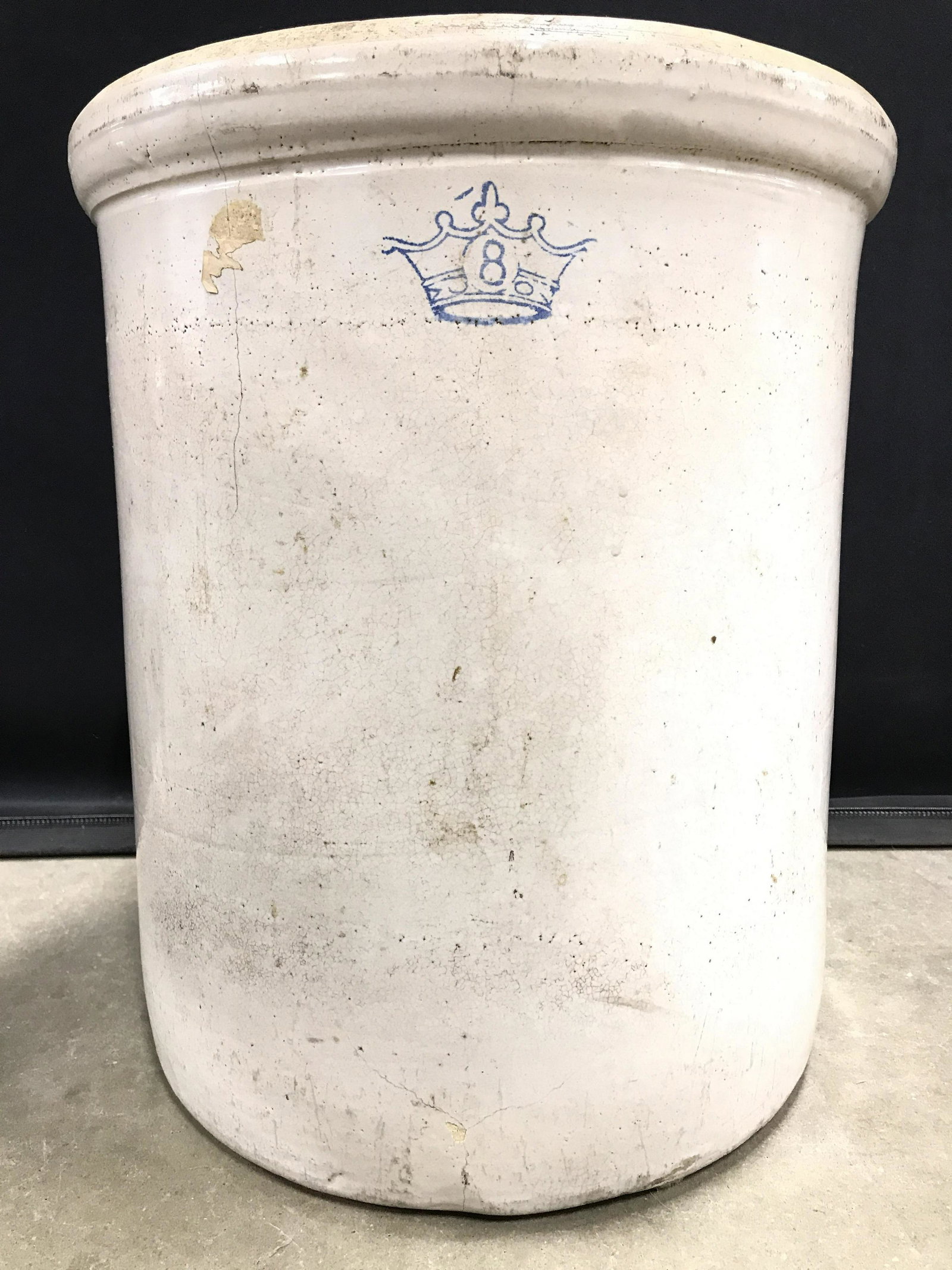 Trademarked Vintage Ceramic Stoneware Crock: Vintage. Piece has crown shaped trademark with number 8 in center, ceramic stoneware. Piece is sand toned. Measures approximately 17 inches tall 14 inches wide. French provincial farmhouse Stoneware c