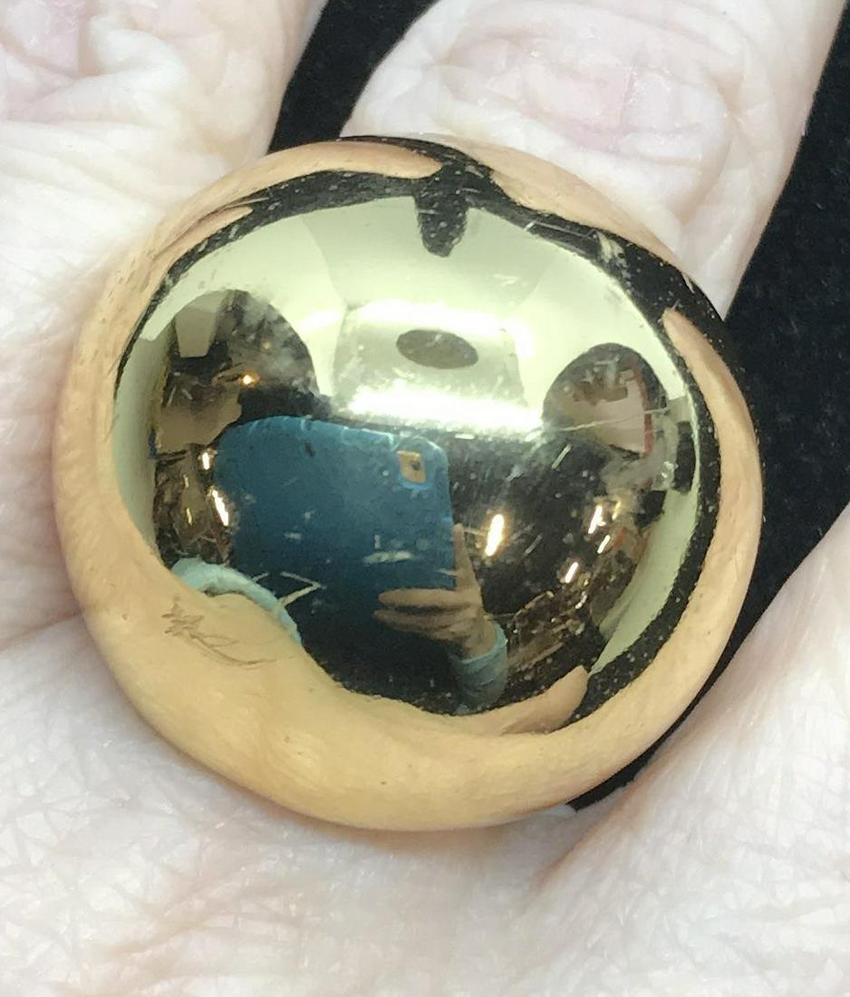 Large Gold Tone Cocktail Ball Ring, Sz 10: Polished Yellow Gold Tone Ring, app size 9-10. Large open hammered metal gallery. A little over an inch wide, app 3/4 in. rise from finger. Mild surface scratch. Appears to have letters JR impressed o