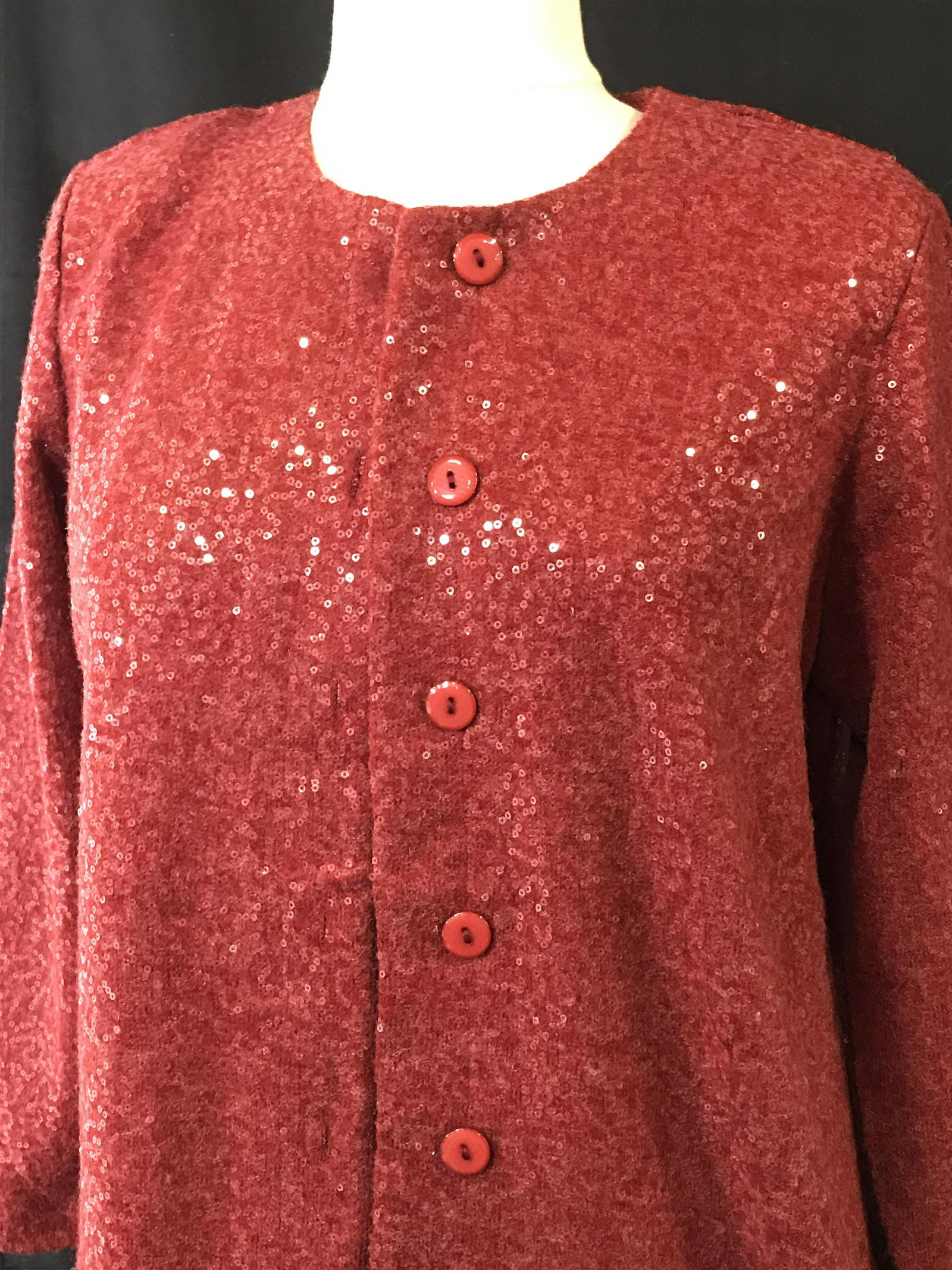 Joan Rivers Sequin Button Down Sweater, Sz M: Long Sleeve Sweater, 6 front buttons, designer label, care label. 66% acrylic, 18% polyester, 16% nylon, crew neck. Has shoulder pads which snap out. Sweater, Sequin Sweater, Size M, Joan Rivers Cloth