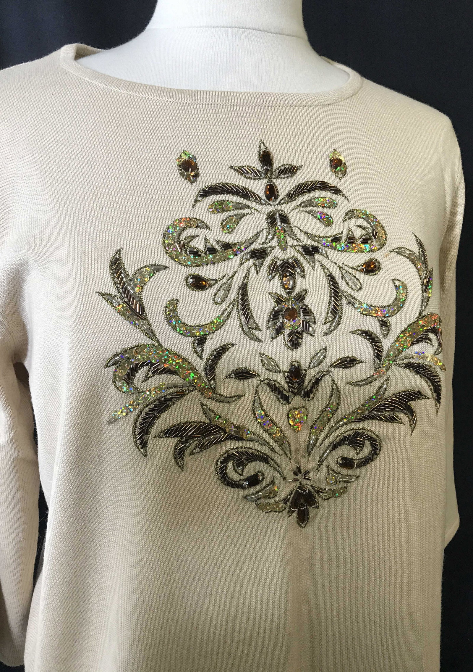Victor Costa Spring 3/4 Sleeve Sweater, Med.: Size Med. 77% rayon, 22% Nylon. Large center sequin, beads & embroidered Victorian floral design. 8.5 in. diameter. Med-Wide crew neck. No fabric issues. Ladies Lightweight Sweater, Victor Costa Sweat