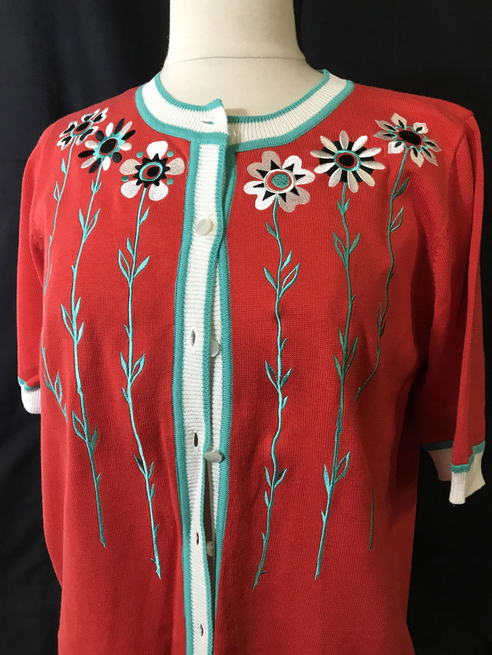Bob MACKIE Embroidered Button Down Cardigan, M: From his high-end ready-to-wear line. Short sleeve sweater, Orange-red color, crew Neck, embroidered appliqué flowers, 60% Cotton, 40% acrylic, care instruction label and designer label attatched. Pr