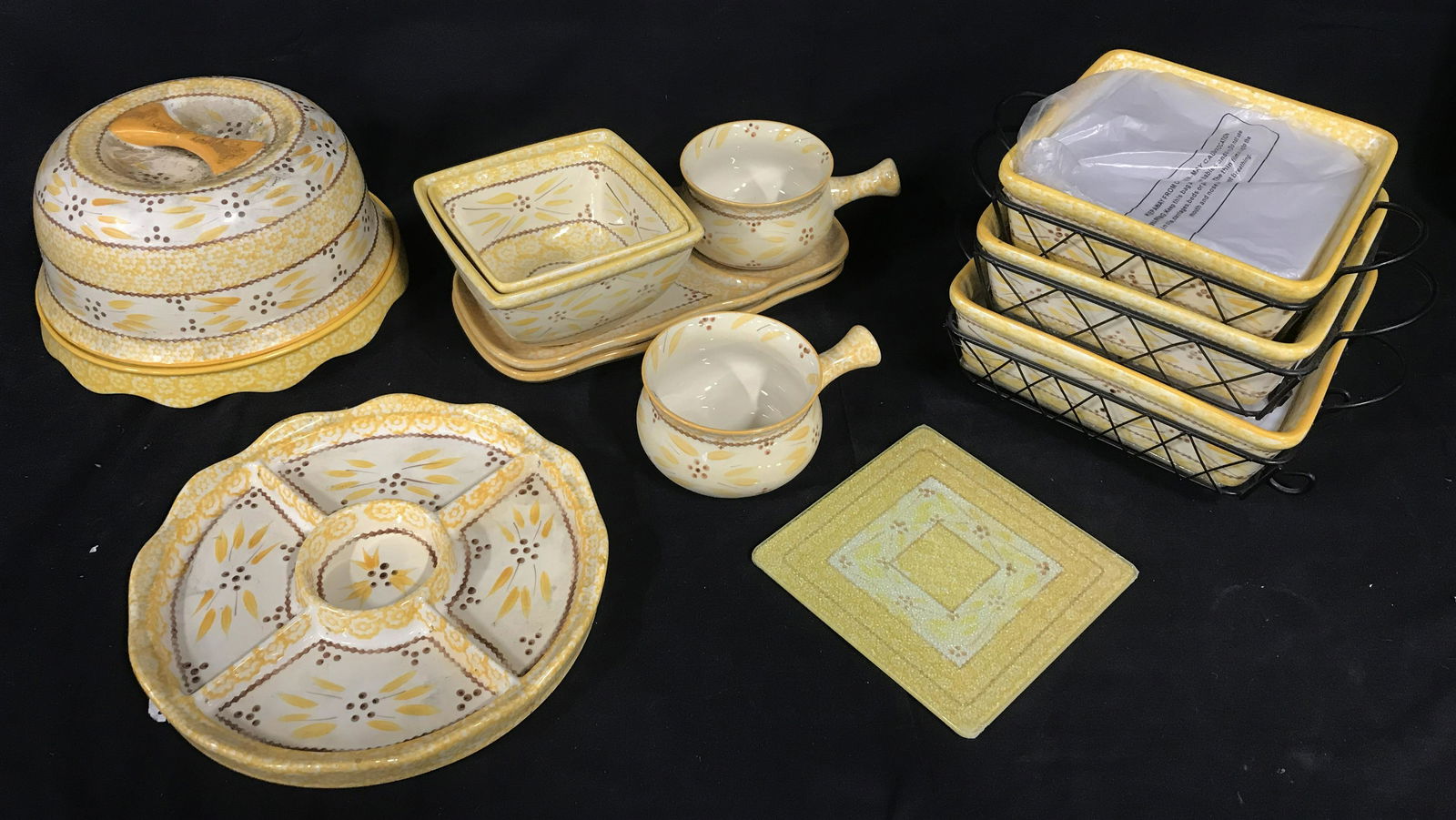 Lot 12 Piece Outdoor Ceramic Serving Set: Lot 12 Piece Outdoor Ceramic Serving Set, lot includes one cake plate and cover, one divided platter, one plate coaster, two pots and two square bowls with accompanying divided plates, and three squar