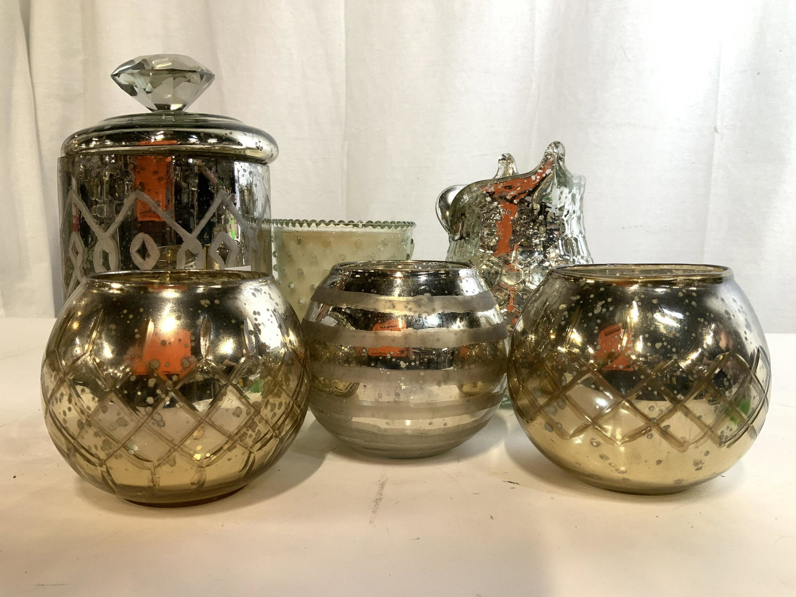 Set 5 Mercury Glass Style Table Decor: Votives, canister, vase and candle , tallest measures app 10 inches ht, table ware, table decor, decorative accessories