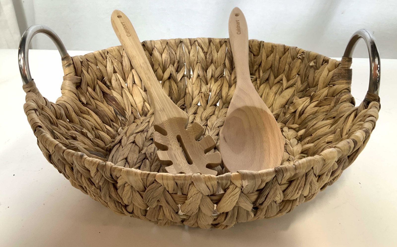 Woven Fiber Bowl w Servers: Wooden salad servers marked for cuisinart, woven fiber centerpiece bowl w chrome handles, table ware, table top accessories, bowl measures hit app 6 inches diameter app 14 inches