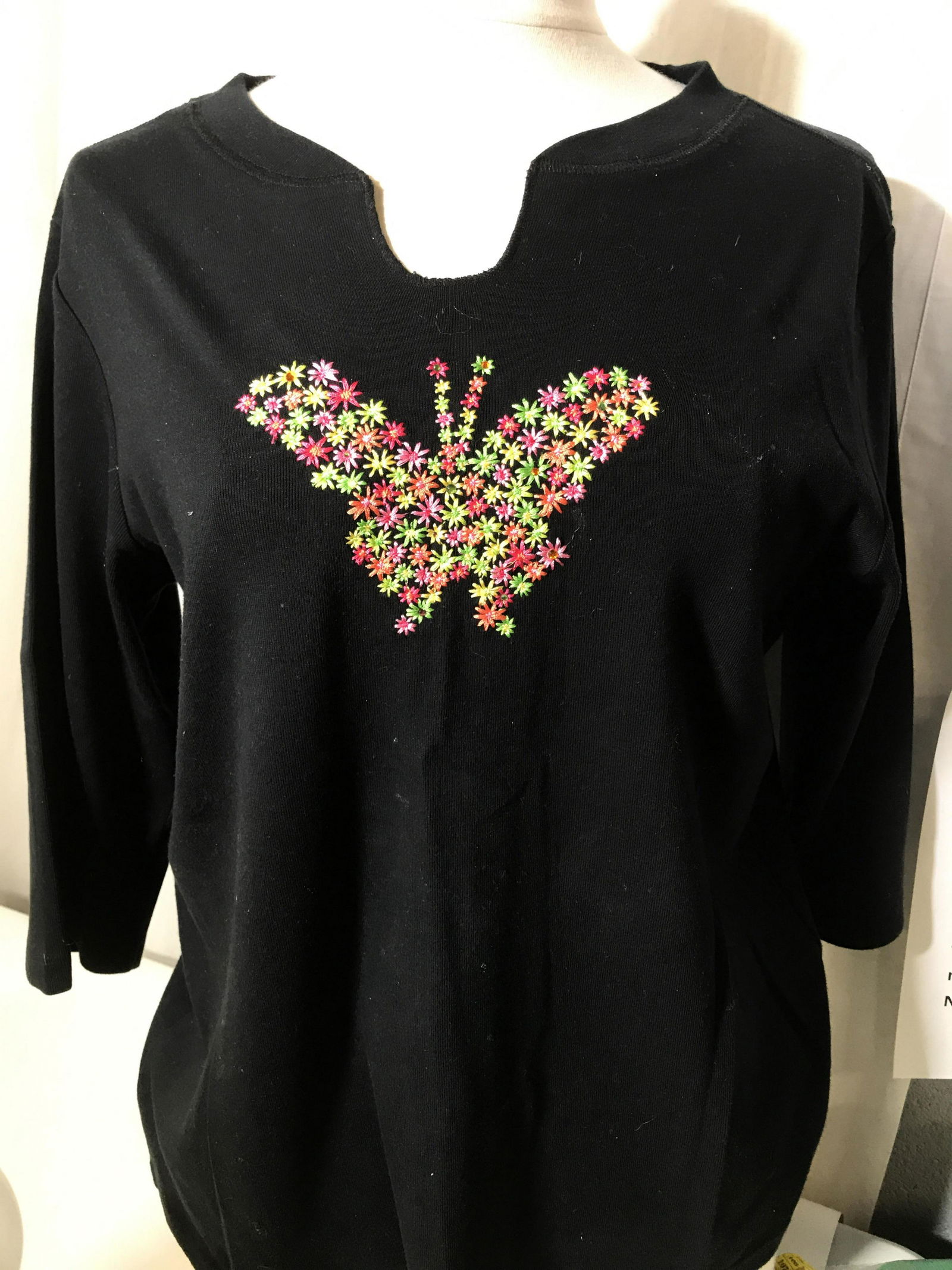 Lot 2 Beaded Embroidered Cotton Shirts, M: Sz Med 3/4 sleeve cotton tee with multi color appliqué embroidery flowers in shape of a butterfly. Occasional crystals. Quacker Factory Designer Top, ‘V’ neck, bright green with stitched yellow b