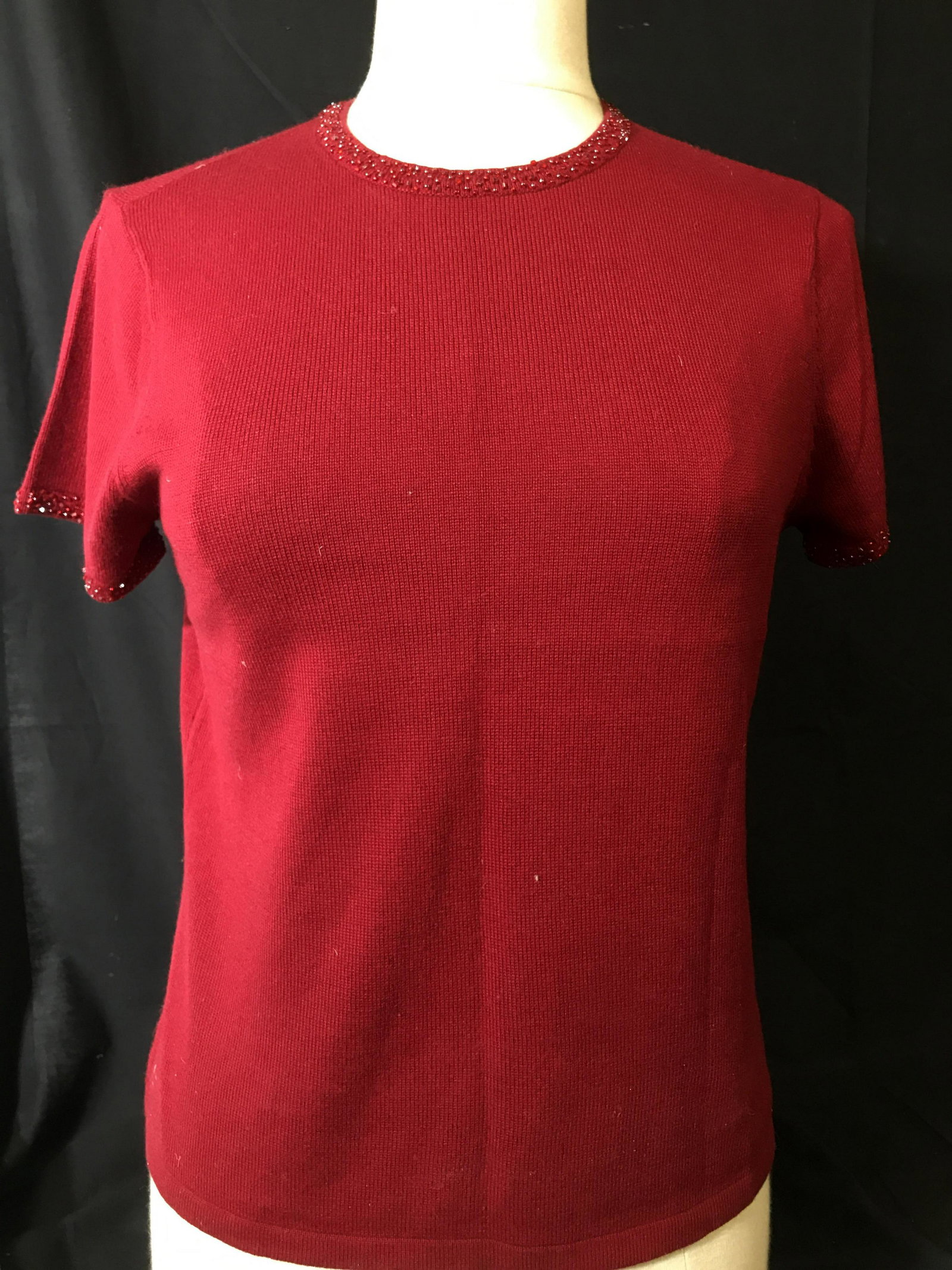 Vintage Talbots Sweater Set, Silk & Cashmere, Med: Sophisticated Casual Talbots Collection Short Sleeve Sweater with accompanying long sleeve sweater cover. Both accessorized with glittery red beading around Collar & Sleeve cuffs. Cranberry red. 85% s