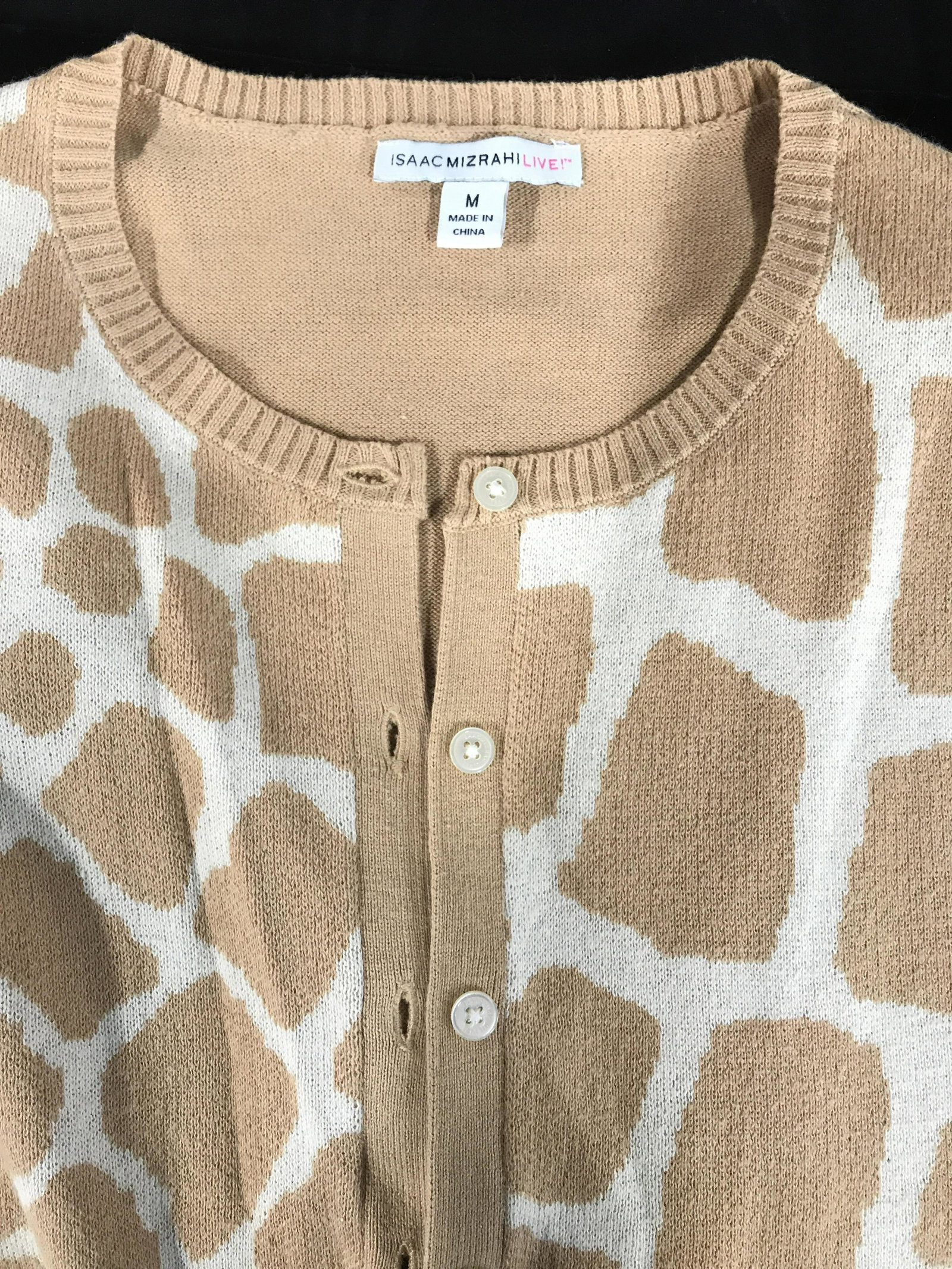 Isaac Mizrahi Live! Giraffe Print Cardigan, Medium: Long sleeve 100% cotton cardigan with giraffe print pattern, camel color. Crew neck. Comes in protective storage bag. Well kept. Property of NYC Upper East Side Estate Giraffe Print Sweater, Cardigan,
