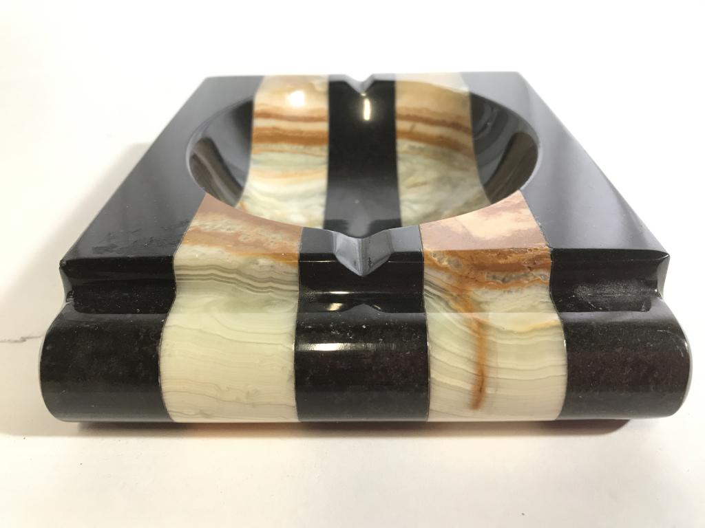 Stone Trinket Dish: Trinket dish appears to be stone possibly marble. Piece measures approx 7 inches long 5 inches wide. ashtray, trinket dish, tableware, tabletop decor, shelf piece 6