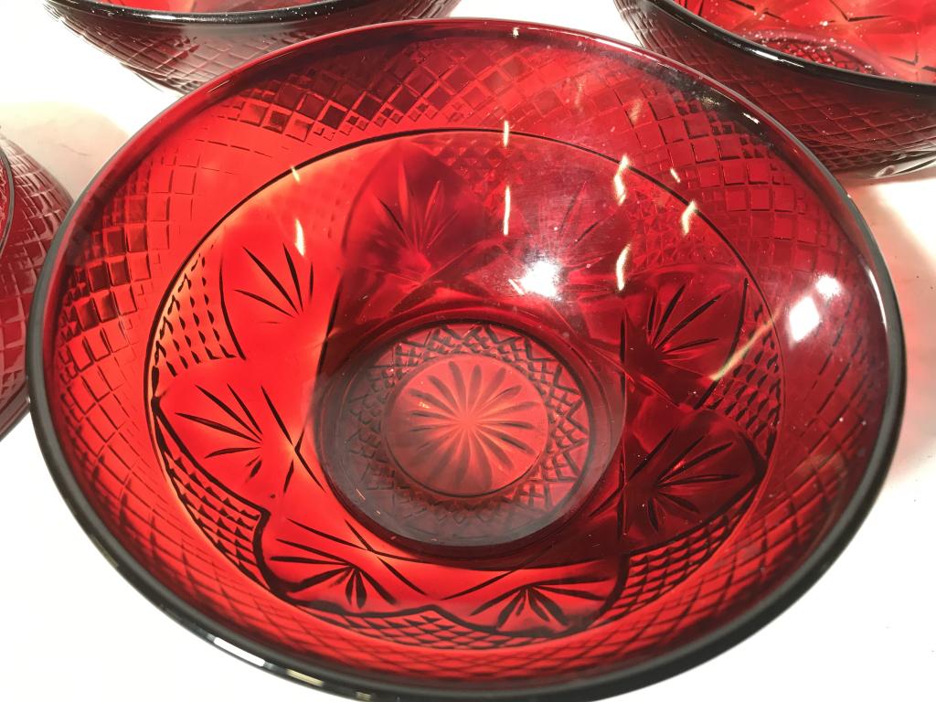 Set 4 French Ruby Red Art Glass Bowls: Embossed Glass, typical of depression era glass, Ruby red, 5.5 in. wide, 2.5 in. tall. Underside reads ‘France’ . No surface issues. Mid Century Glass Bowls, Depression Era Bowls, Glassware Bowls,