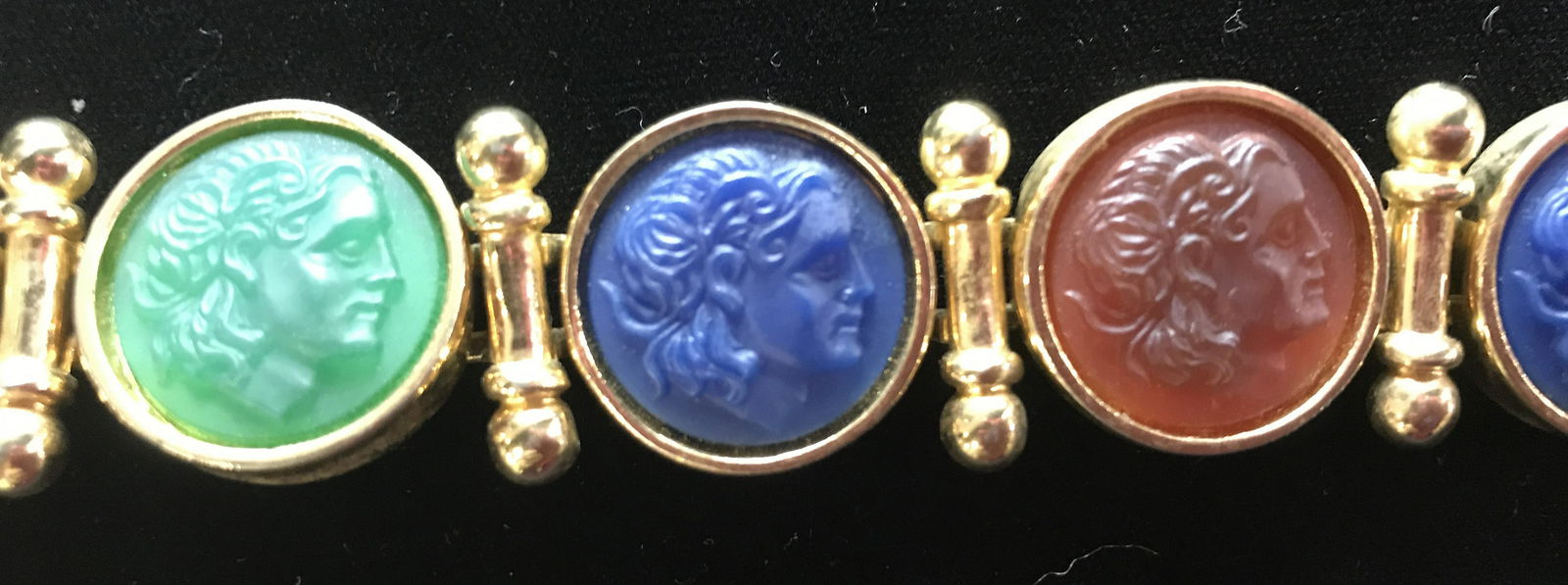 Jewelry Set 3 Color Cameo Neoclassical Design: All in gold tone polished metal. Clip on button earrings with center carved head Figural of Roman Legionnaire. 1 in. diameter, additional costume Chrysoprase Stone. Multi color cameo style of carved R