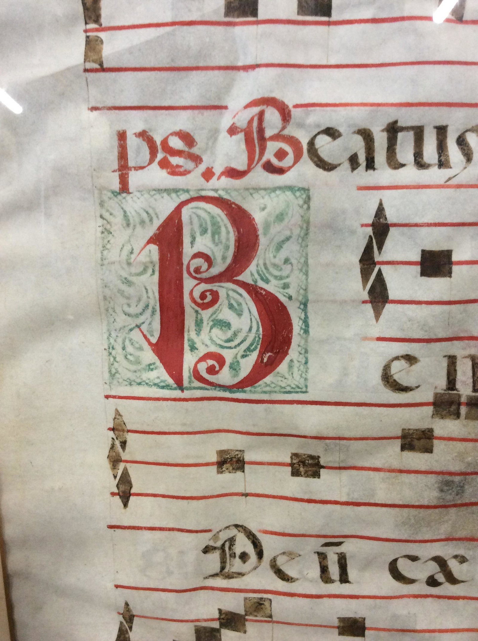 Antique Pair of Illuminated Music Manuscript: Antique Pair of Illuminated Music Manuscript, possibly on vellum or lambskin, Hand Painted, from Italy Sheet 1: Gregorian chant: Sederunt Principe, script at upper center of page reads ‘Ad Missam In