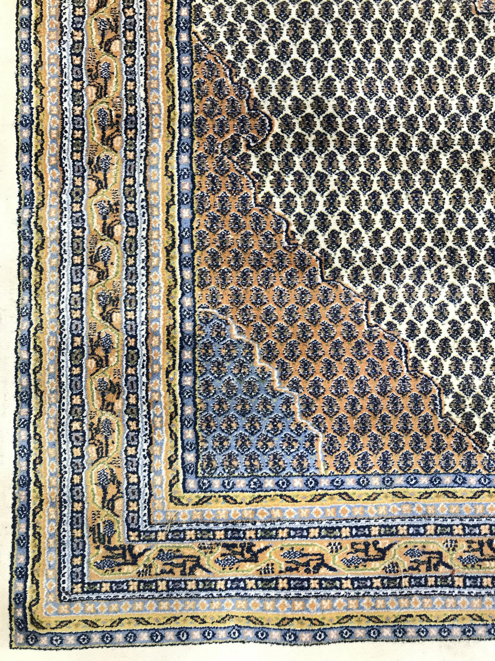 Vintage Handmade Oriental Room Size Wool Rug: Rug is vintage possibly antique. Rug is wool pile & handmade. Appears to be 1/4 inch pile. Rug is fringed. Piece has intricate multi toned geometric detail. Rug, area rug, carpet, wool pile rug, fring