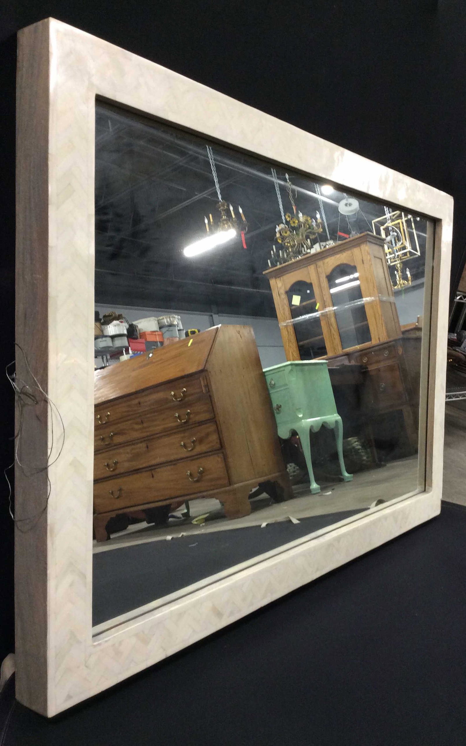 WEST ELM Tiled Frame Mirror: Backside of Mirror is marked WEST ELM. Mirror frame appears to be tiled and cream toned. Mirror, wall mirror, framed mirror, tile frame mirror, west elm mirror. home furnishings, decorative arts and a