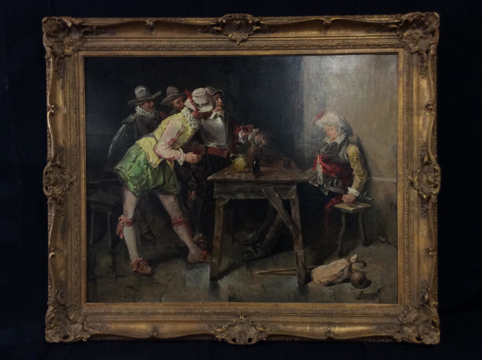 Signed Oversized Oil On Canvas: Signed oversized oil on canvas, baroque style piece done in a painterly impressionist manner, impasto thick brushwork, subject 6 men seated and standing at a table in a tavern type setting drinking wi