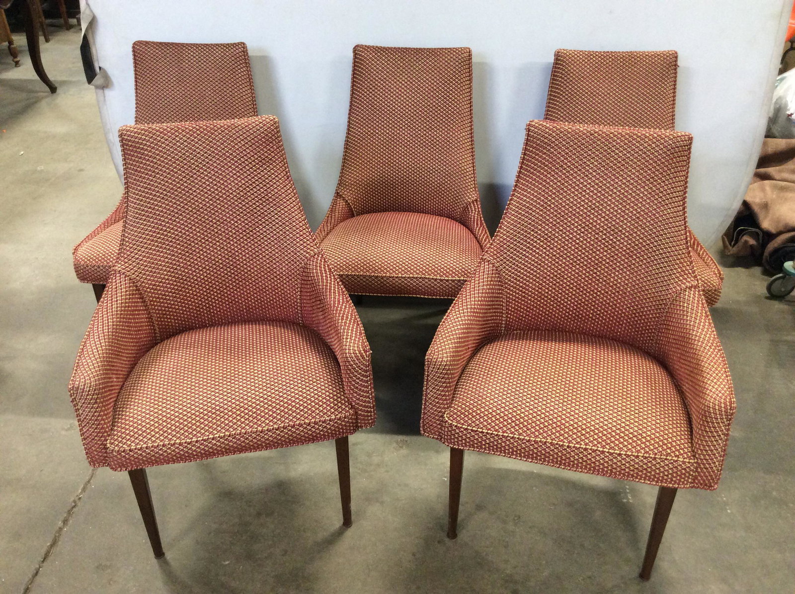Set 6 MCM Paul McCobb Dining Chairs: Set 6 Mid Century Modern Paul McCobb Dining Chairs, Teakwood Toned Wooden Base, Upholstered in garnet and cream toned fabric with welted trim, some surface scratches to wooden base due to age and use,