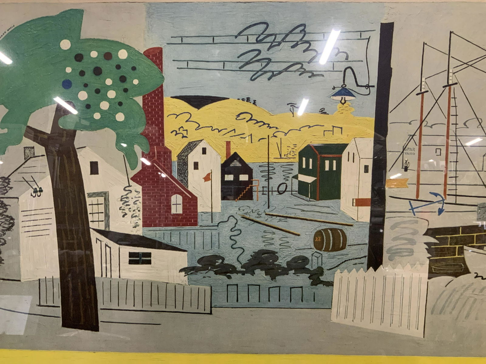 Print Synthetic Cubist Art, Stuart Davis: Print of oil painting, synthetic cubism style, abstract in nature, scene depicts streets of a neighborhood, all solid colored staying true to the synthetic cubism, painted border in black yellow and b