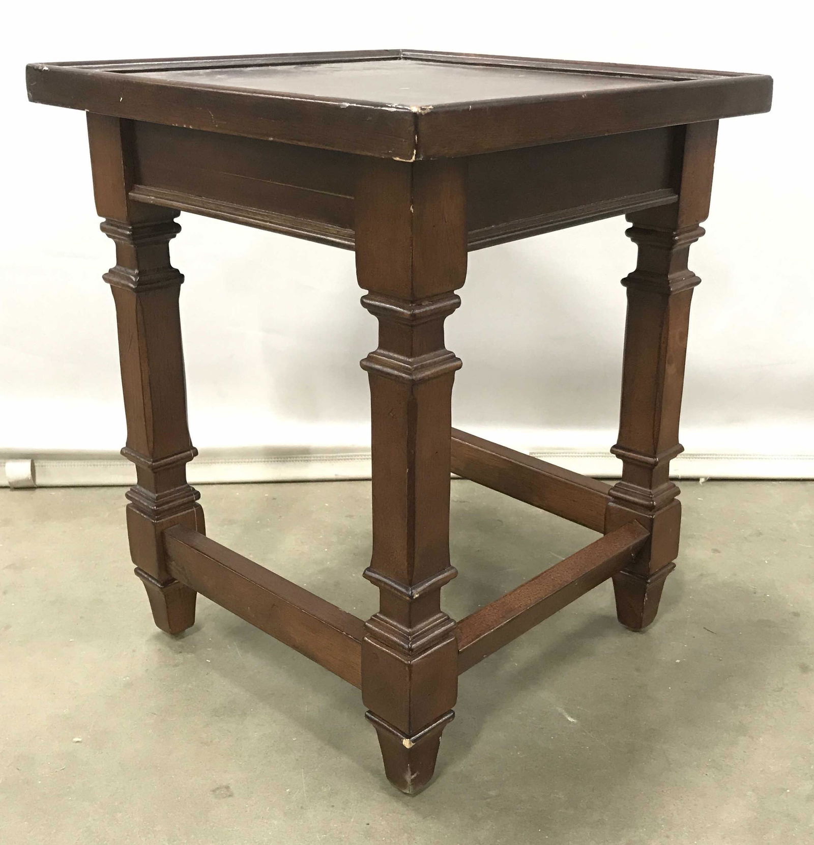 Vintage Mahogany Toned Wooden End Table: Vintage Mahogany Toned Wooden End Table, measures approximately 14 inches square x 17 inches tall, chips and scratches in areas. Vintage Low Table, Side Table, Drinks Table, Bedside Table. occasional
