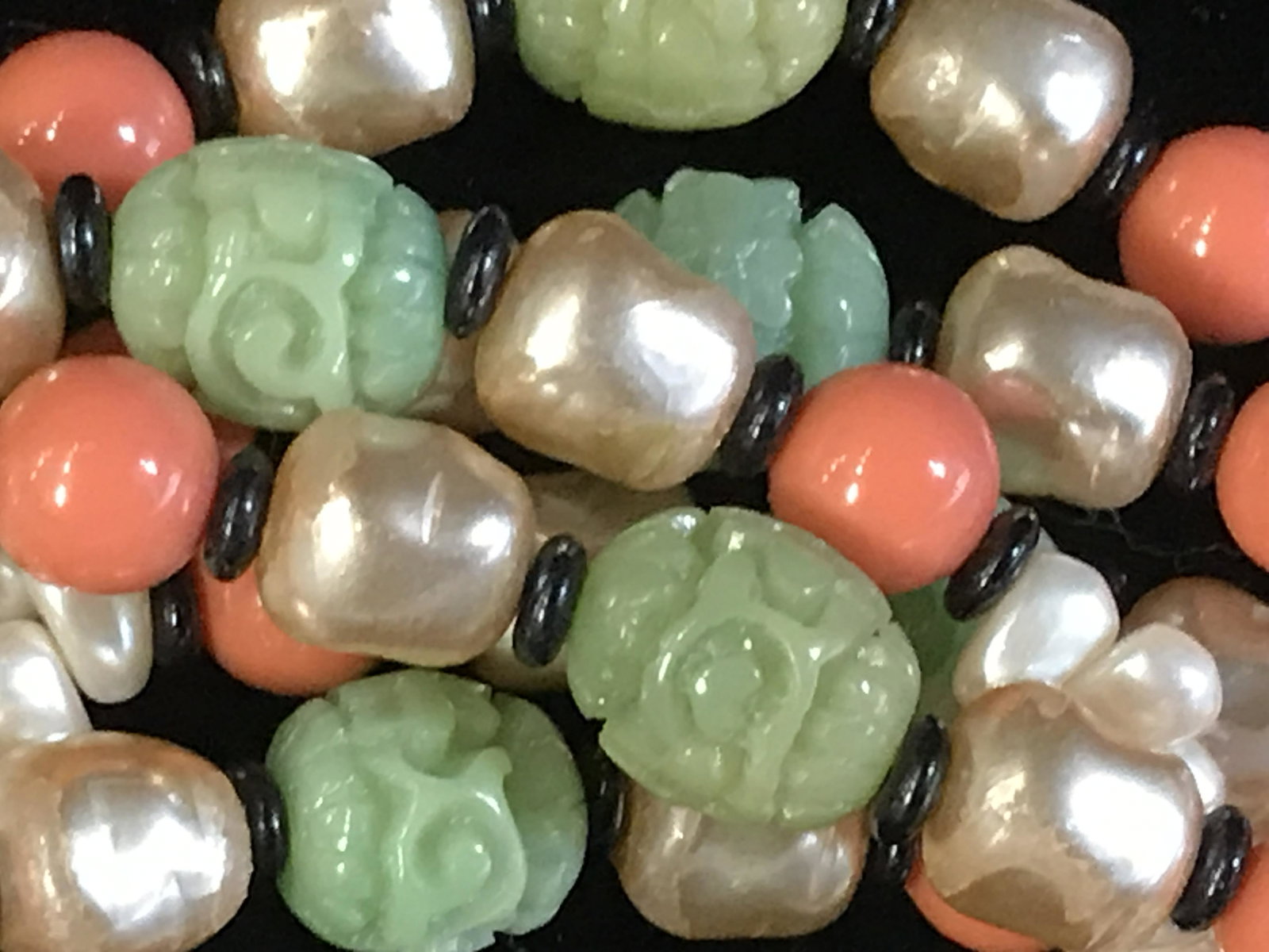 SIGNED Kenneth Jay Lane Fashion Multi Strand Neck.: Mixed Costume Stones or freshwater pearl, coral and carved jade. 6 strands with gold tone hook clasp, signed Kenneth Lane on charm. 17.5 in. long. Property of Upper East Side Estate, NYC LUXURY fashio