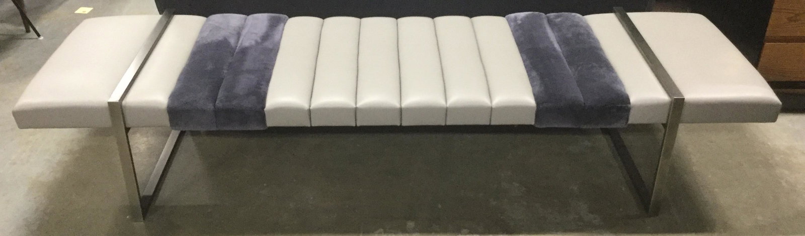 Contemporary Designer Ribbed Leather Bench: Contemporary Custom Made Ribbed Leather Elongated Bench in Luxury grey leather and dark blue toned plush fabric sections and brushed nickel metal base frame, small marks to grey leather on one section
