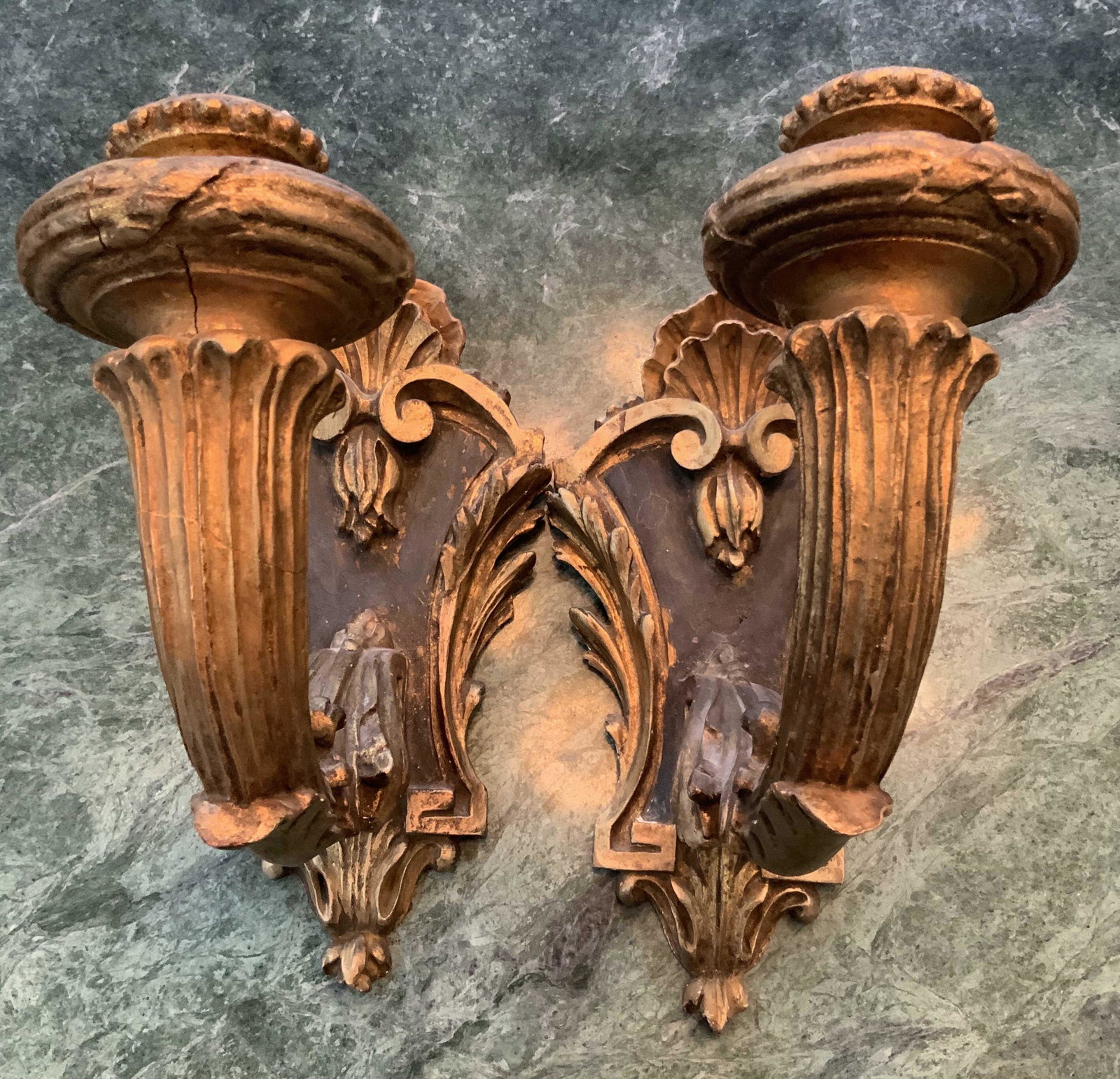 Pr Antique Gilt Wood Candle Sconces: Hand carved antique wall sconces, gold leafed, scroll work, icanthus leaves, reeder columns, continental, Ht 13 inches, w 7 inches, depth 12 inches, Property of Grand Rye New York Estate