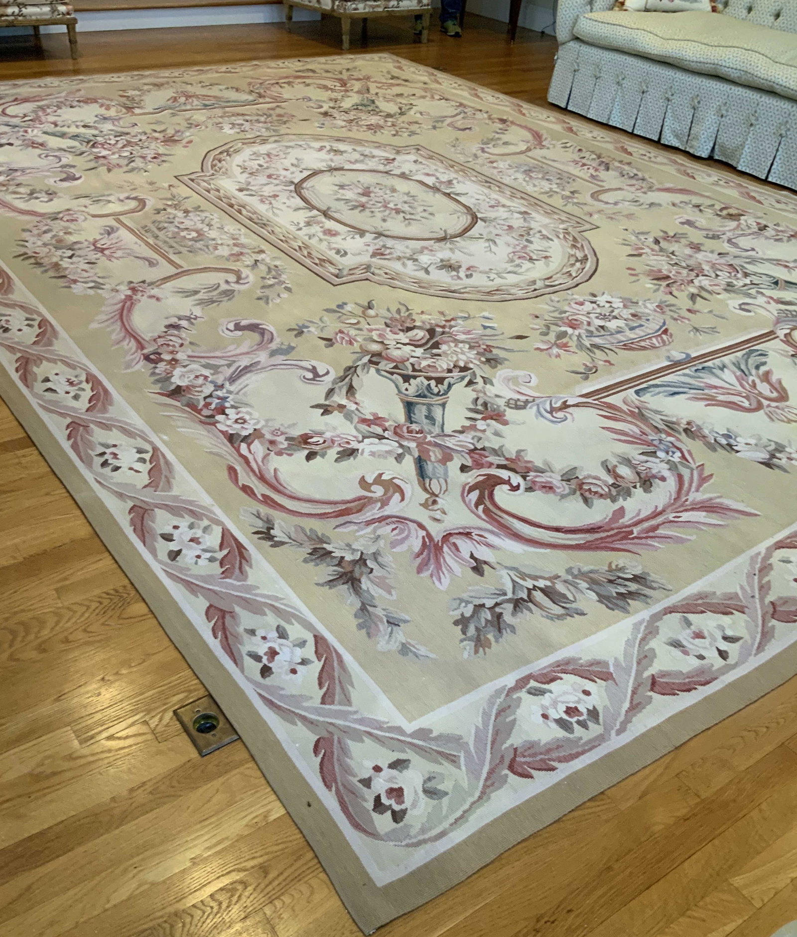 Room Size French Style Aubusson Carpet: Hand stitched French style carpet, Aubusson carpet, pale tones florals swirls, measures 199 inches by 141 inches, good condition, property of Grand Rye New York Estate