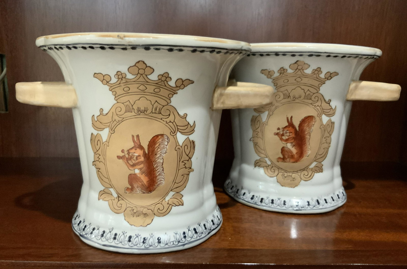 Pair Signed Porcelain Pottery Squirrel Vases: SIgned Asian ceramic vases, signed underside with asian characters,Pair planters, cache pits, vessels, tableware, vases, squirrel image, blue and white borders, Asian characters signature underside, p