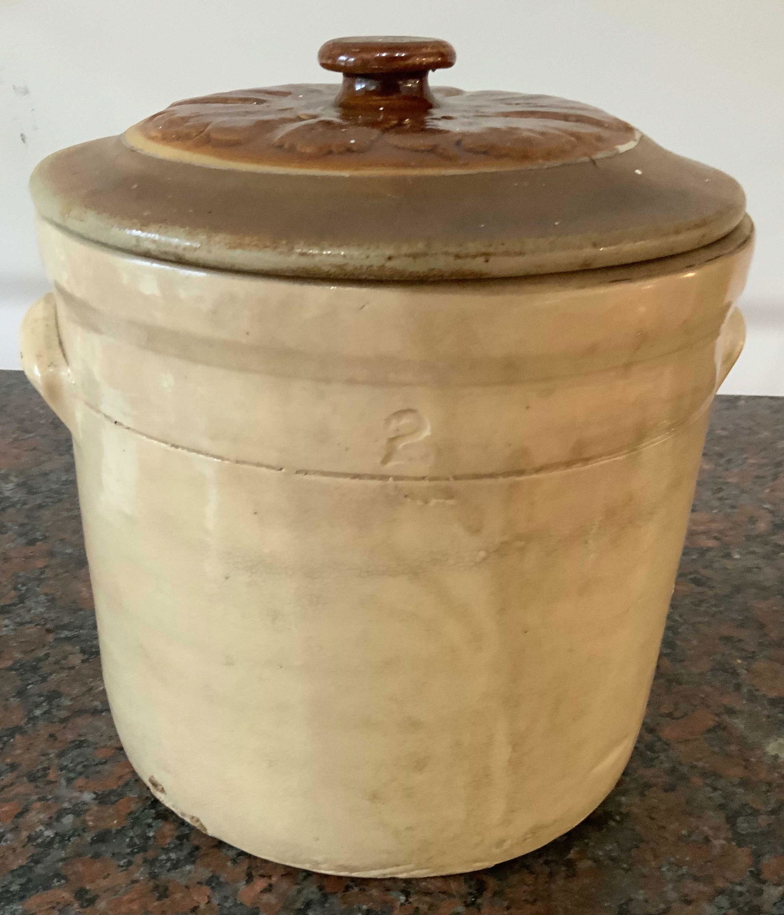 Antique Pottery Tall Crock w Glazed Lid: Antique stone ware, ceramic, terra cotta, stone ware, glazed ceramic lid with ball finial, jug imprinted with numeral 2 ht 11 inches diameter to handles 12 inches, decorative collectible ceramics, hig