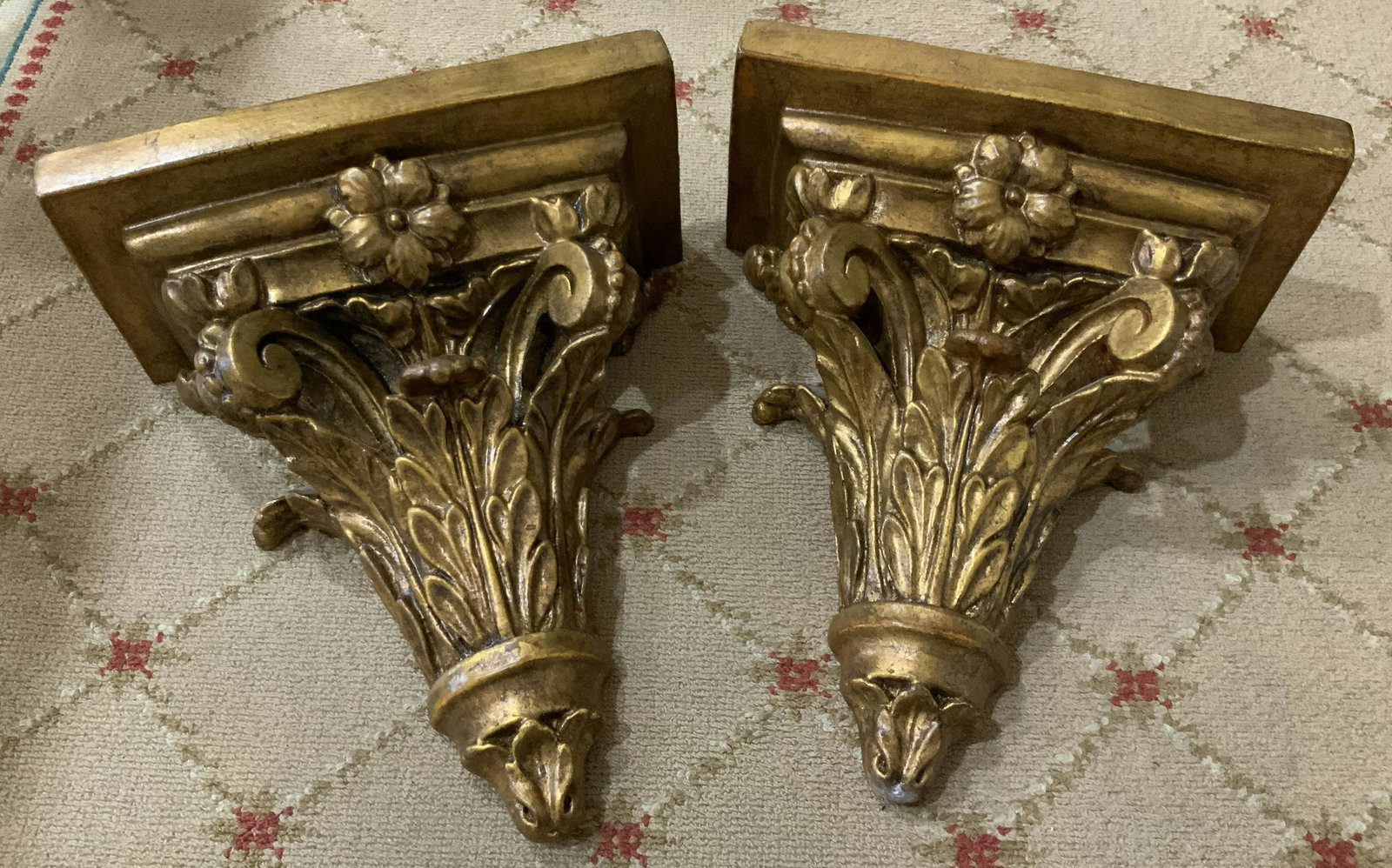Pr Gilded terra cotta sconce shelves Prosperi: Pair Gold leafed heavy terra cotta pottery wall sconces,sconse shelves, labeled on back for Propsperi, possibly italian, each measures H 10 inches, d 4 inches, w 9 inches, wall brackets, wall display 