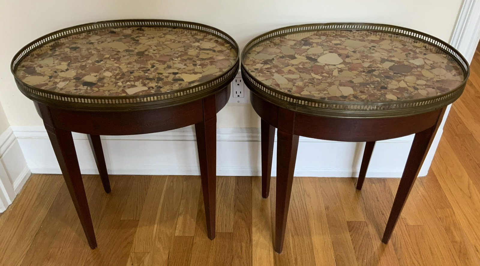 Pr Antique French Galleried Stone Topped Tables: Pair Antique French side tables, carved wood bases brass gallery edging and tobacco stone tops, antique French oval tables, pair side tables, pierced brass metal galleries,end tables, chair side table