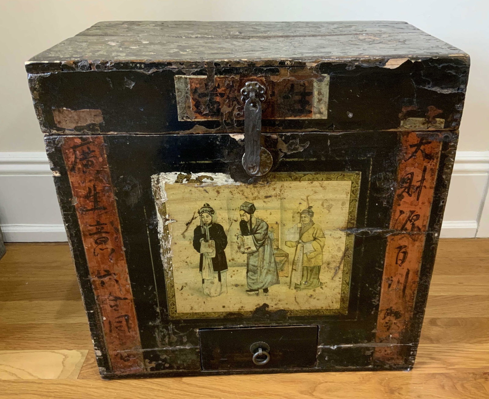 Antique Asian Painted Wood Tea Chest: Antique Asian chest, tea box, floor size chinoiserie up cycle as side table, end table, chair side table, coffee table, low table,occasional table, chinoiserie, orientalism, orientalia, has wear and l