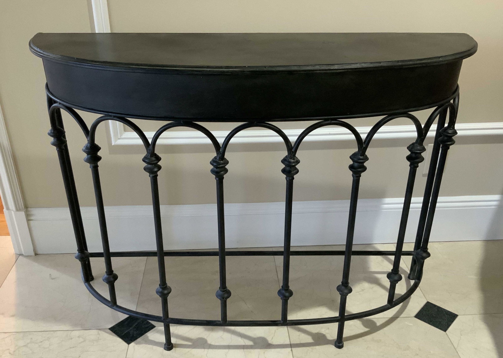 Galvanized Metal Demi Lune ConsoleTable: Side table, half moon, console table, demi lune side board, ht 31 inches, l 42 inches, d 20 inches, property of grand Rye New York Estate, arched gate style detailing,