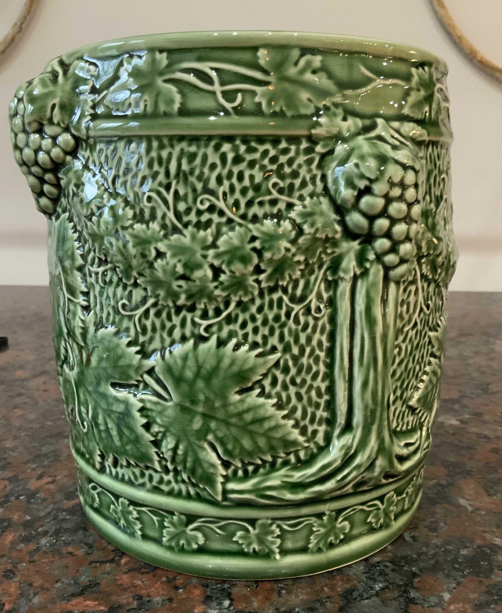 Green majolica style ceramic barrel vessel: Measures ht 9 inches by 9 inches, vase, table ware, wine cooler, ceramics