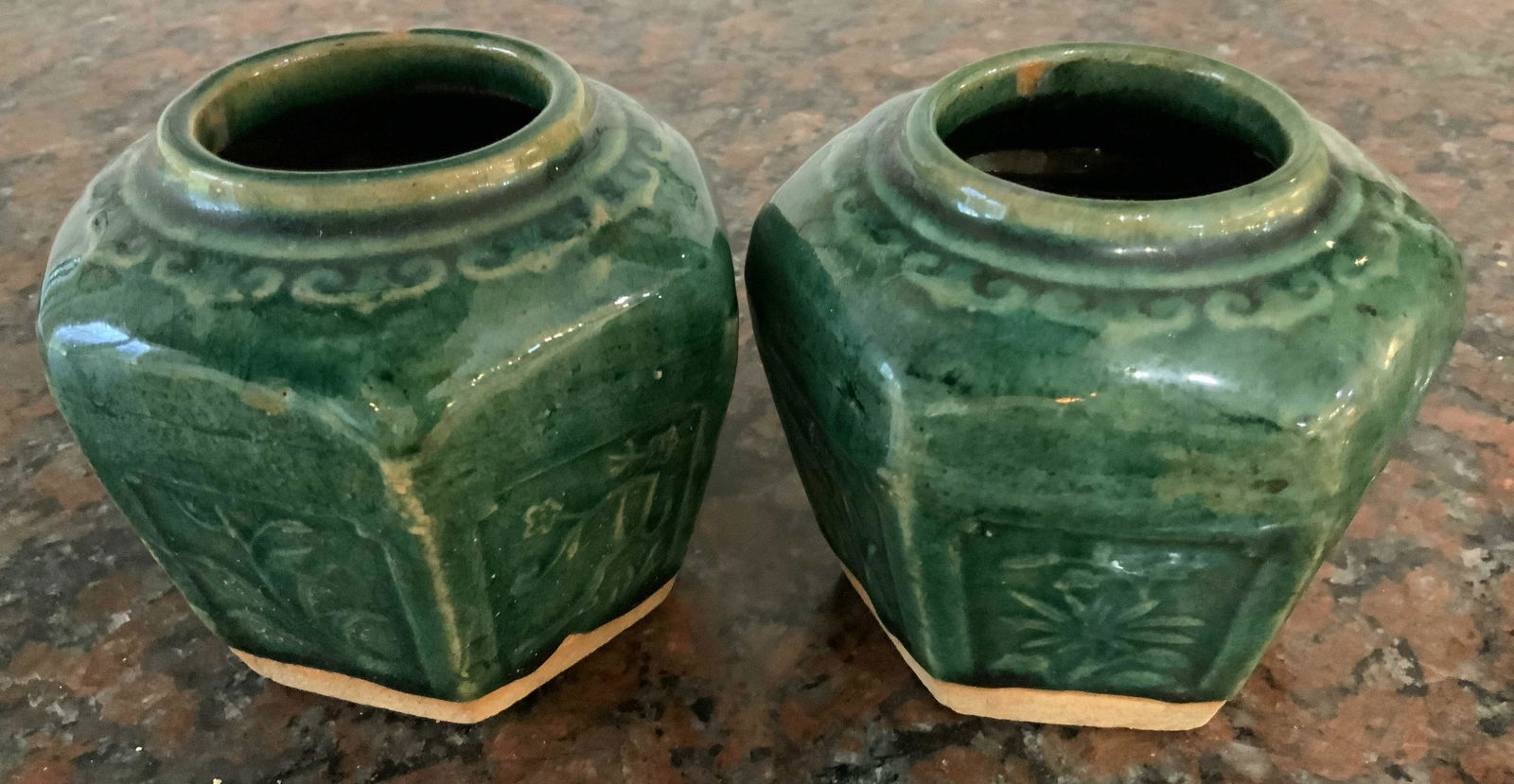Pair Asian Green Glazed Ceramic Vases: Vintage possibly antique, green glazed terra cotta pottery ceramic vases, designs in relief, each measures 4.5 inches ht diameter app 5 inches, Asian decorative arts, table ware , vases, vessels