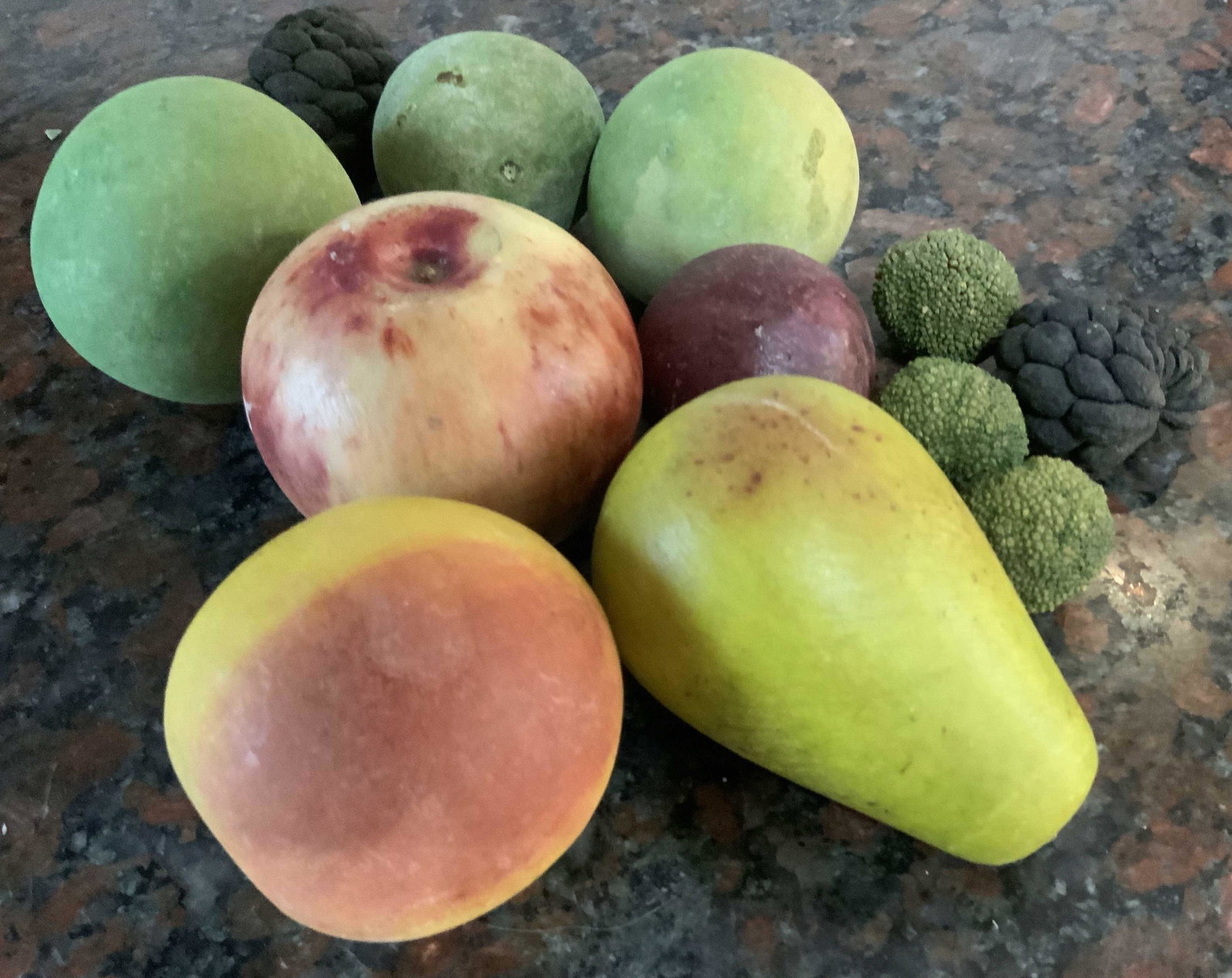 Group Polished Stone and more faux Fruit: Table decor, decorative arts, Faux fruit display, polished stone and more, table top accessories, stone pear measures 4 by 3 inches