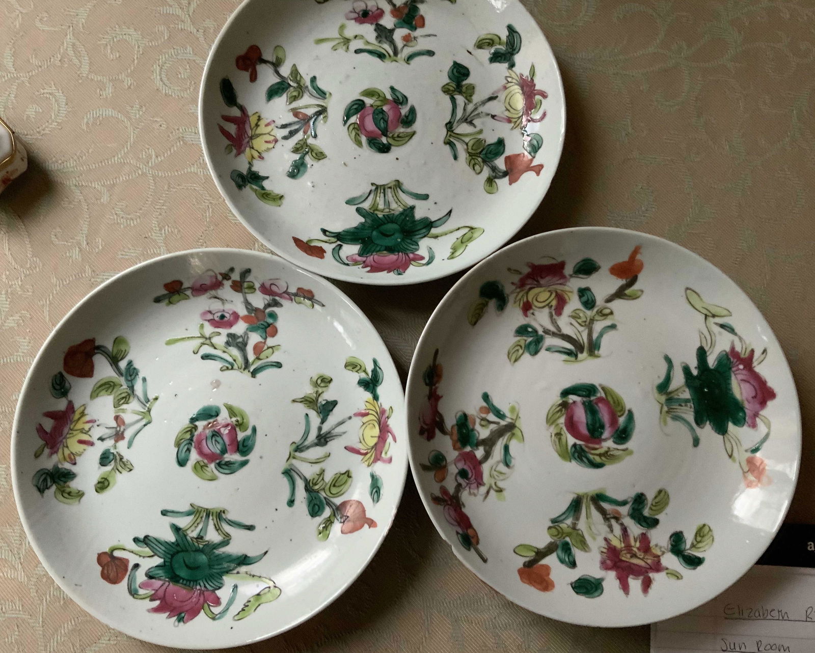 Set 3 Hand Painted SIgned VIntage Asian Plates: Vintage possibly antique Asian porcelain ceramics, hand painted chinoiserie, Asian decorative arts, orientalism, orientalia, each measures diameter 8.5 inches, Asian table ware, display plates, arts a