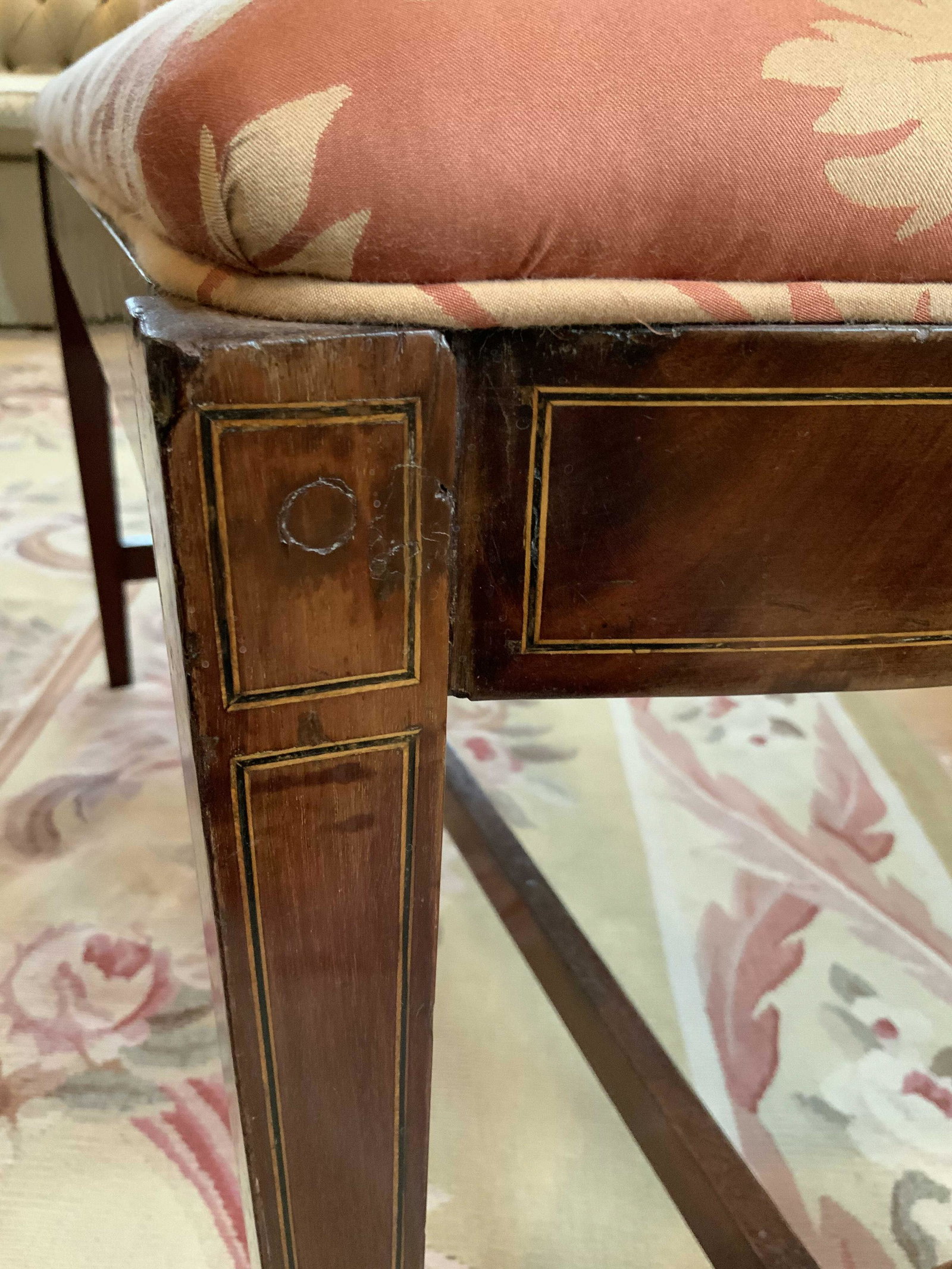 Antique English Silk Upholstered Bench: Custom silk upholstery good condition on antique English wood frame bench, seating, measures app ht 21 inches, l 32 inches, d 14 inches, property of grand Westchester New York estate, frame has inlay 
