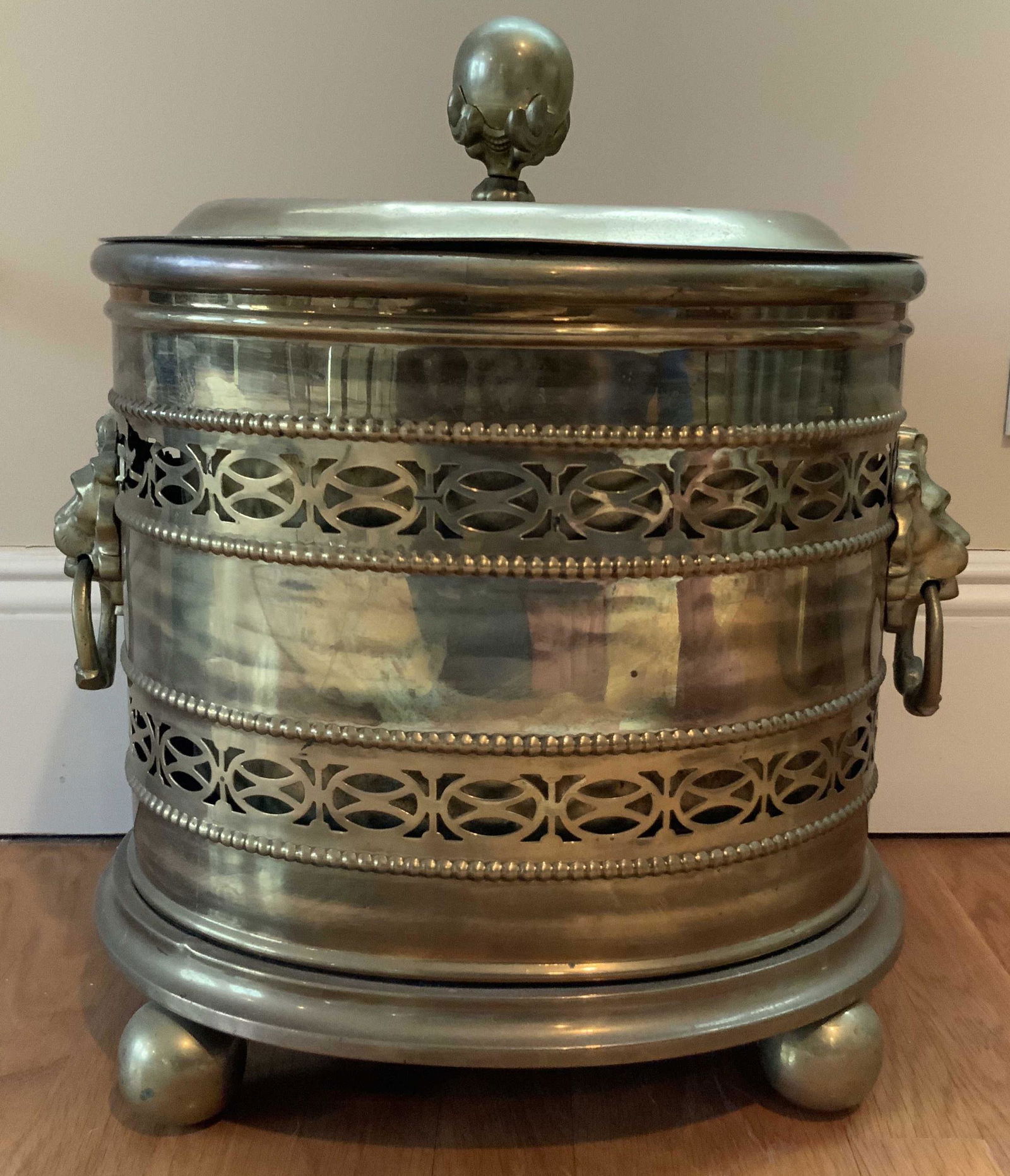 Antique Floor Size Pierced Brass Canister, England: English Decorative arts, antique collectible Brass, cylindrical oval canister, box, has detailed filigree and piercing, large old English pierced brass storage canister, ball and claw finial on lid, l
