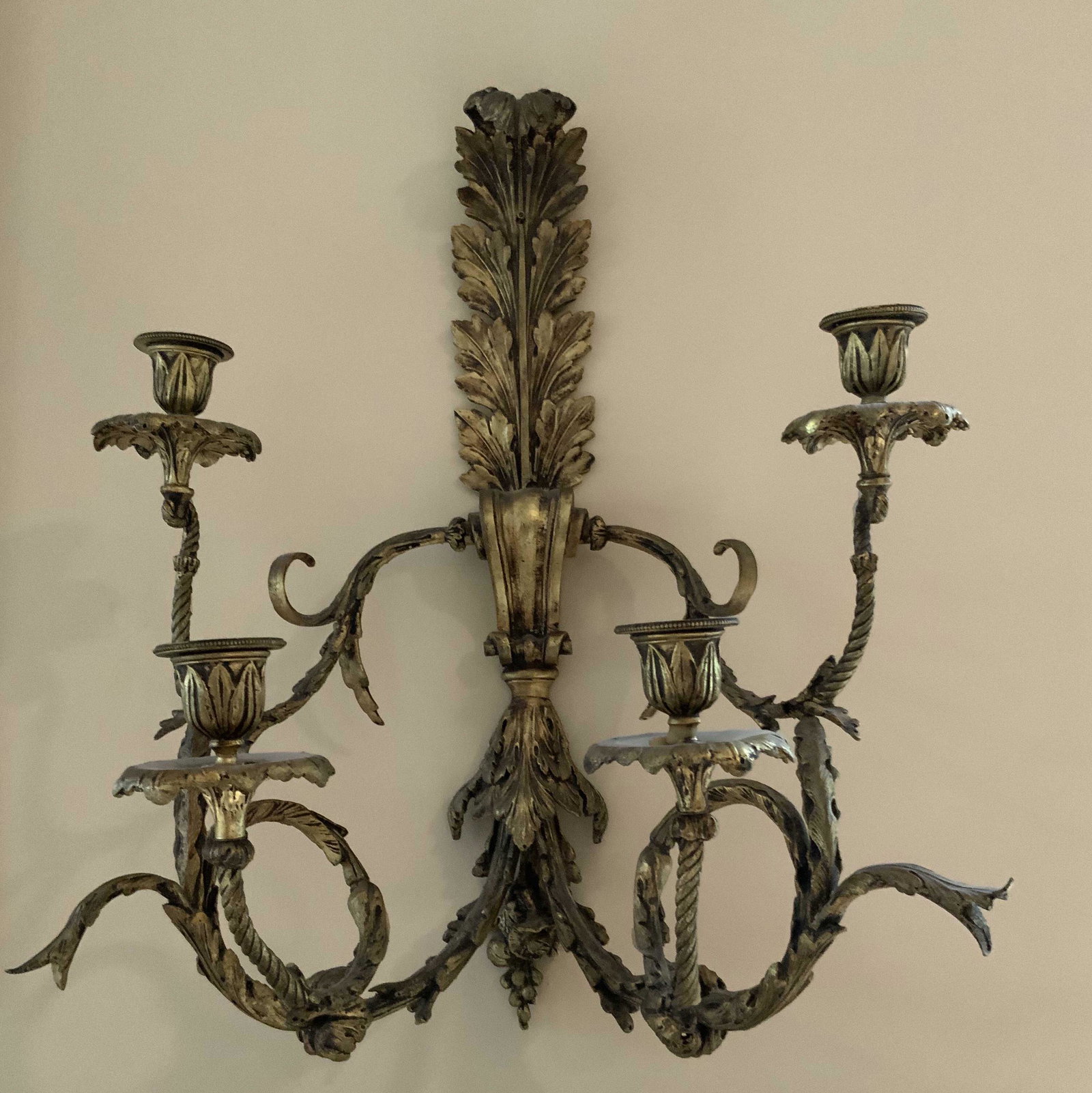 Pr Antique Large Gilt Bronze Candle Sconces: Pair antique gilded bronze core candle stick wall mount sconces, feather form back mounts, each has two arms, each measures 23 inches ht, 15 inches width, 12 inches depth, decorative arts, antique col
