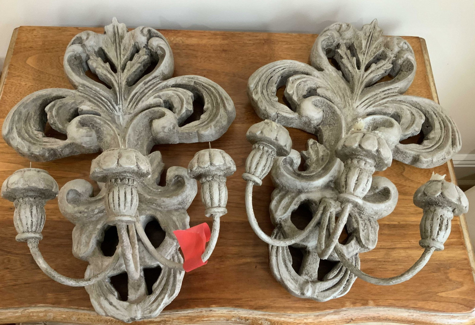 Pr Grey washed composite scrolled Candle Sconces: Pair Wall sconces, candelabras, gray washed composite, Has weight, measures app each measures ht 15 inches width 12 inches d 8 inches, wall brackets, display shelves, decortive arts