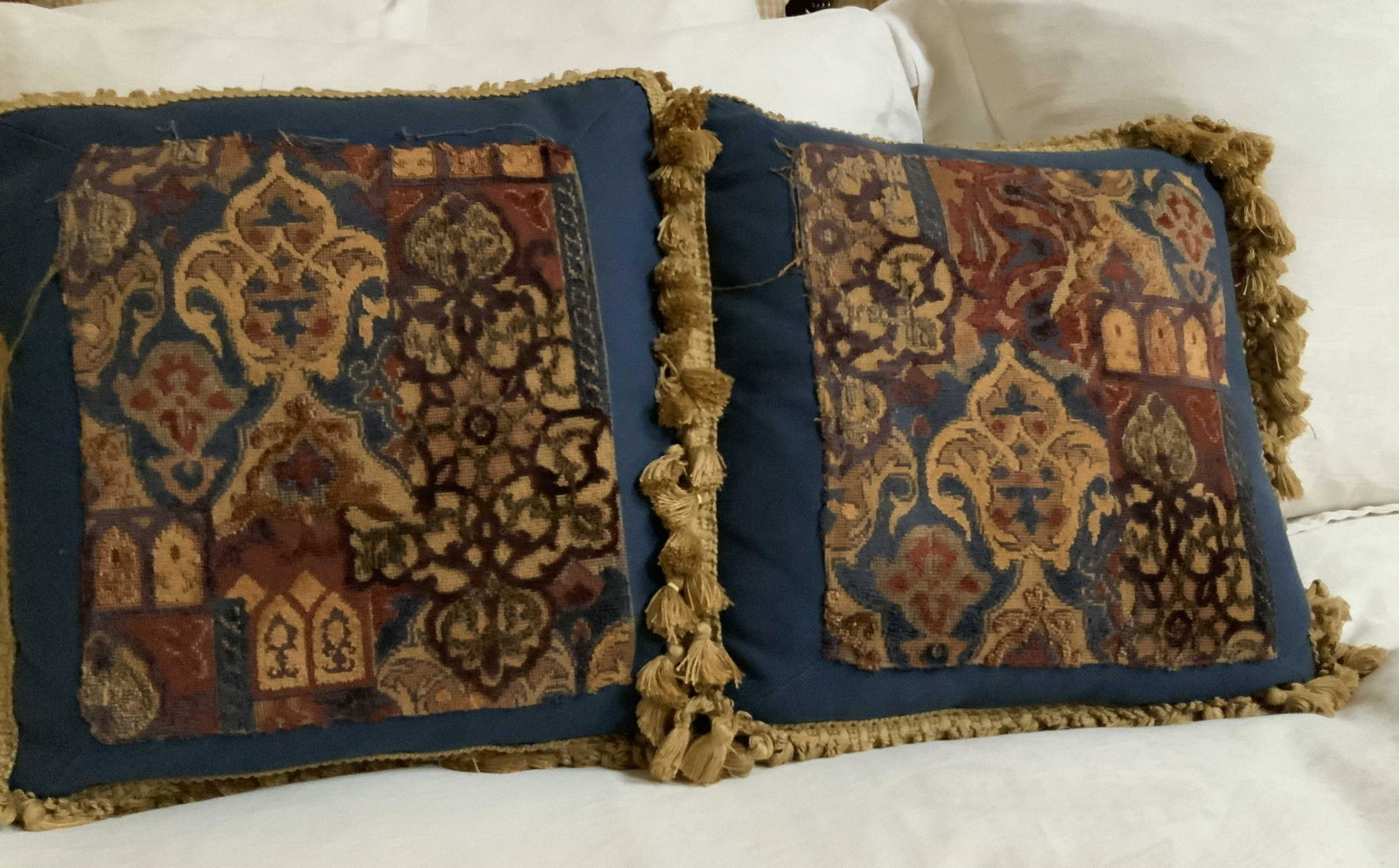 Pair Custom Designer Toss Pillows: From interior designer luxury fabric from manhattan Designer showcase D and D building, cording trim and fabrics, each measures 14 inches square, good condition, toss pillows, throw pillows, home deco