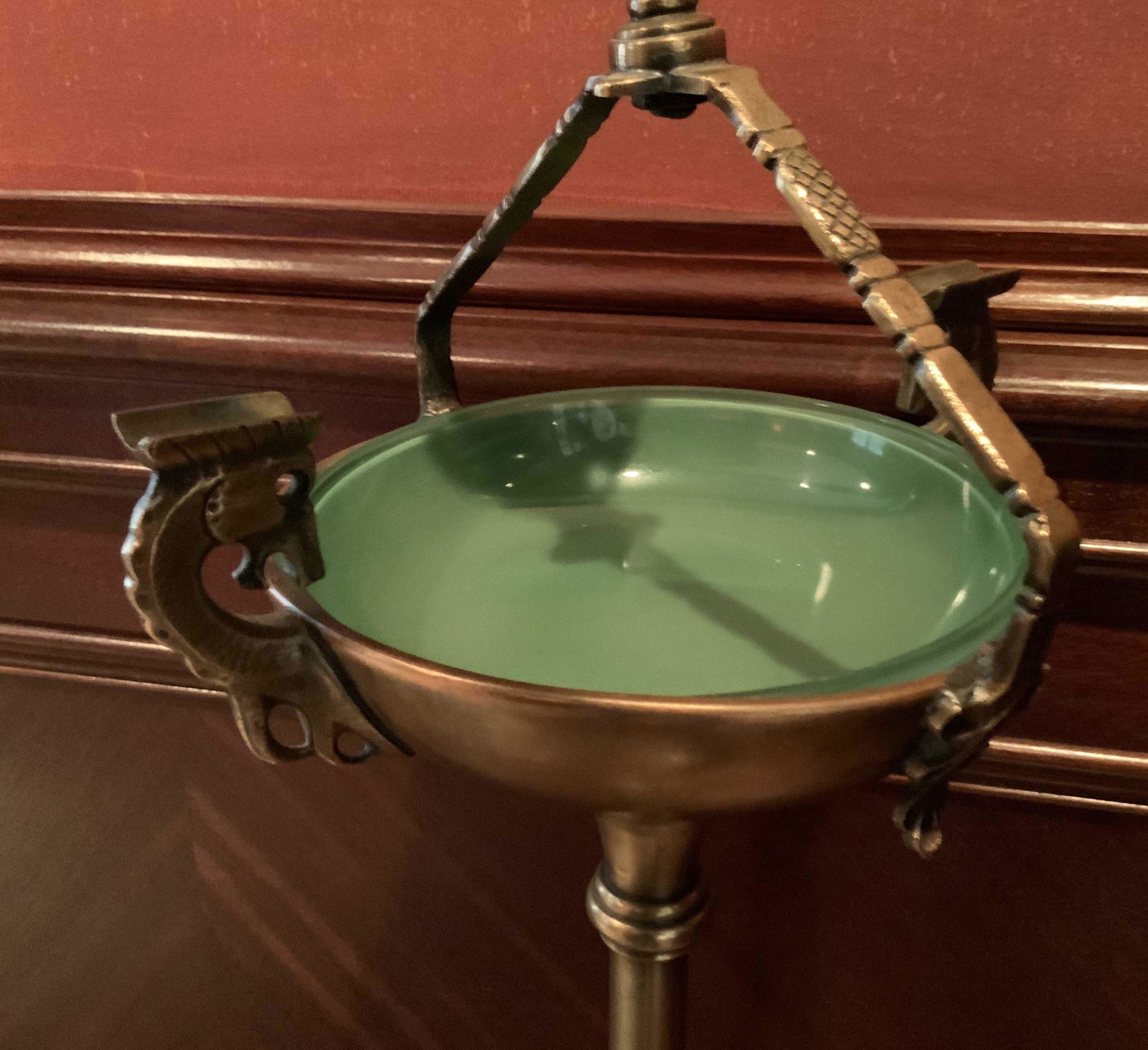 Antique Vintage Cigar Stand w Ship Finial: Antique Vintage sculptural smoking table, cigar stand, with original fitted green glass bowl, scroll griffen figurals hold upper bowl with fittings for cigar placement, , ship Design finial, Floor siz