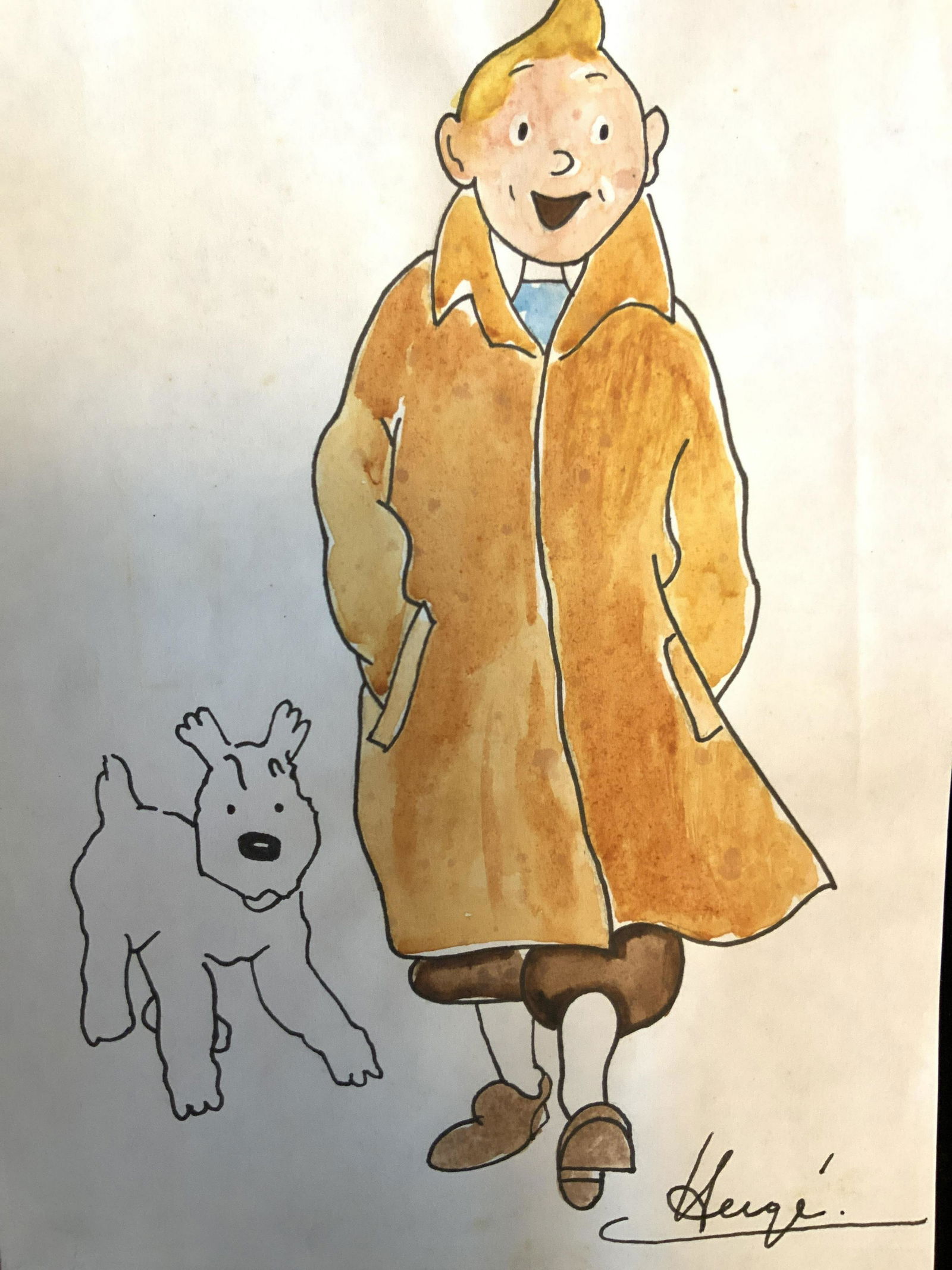 Signed Cartoon Illustration on Paper after Herge: tin tin , Ink and water color on paper, attributed to Herge, in the style of Herge, , please note that lots that do not carry established documentation are described as in the style of and or attribut