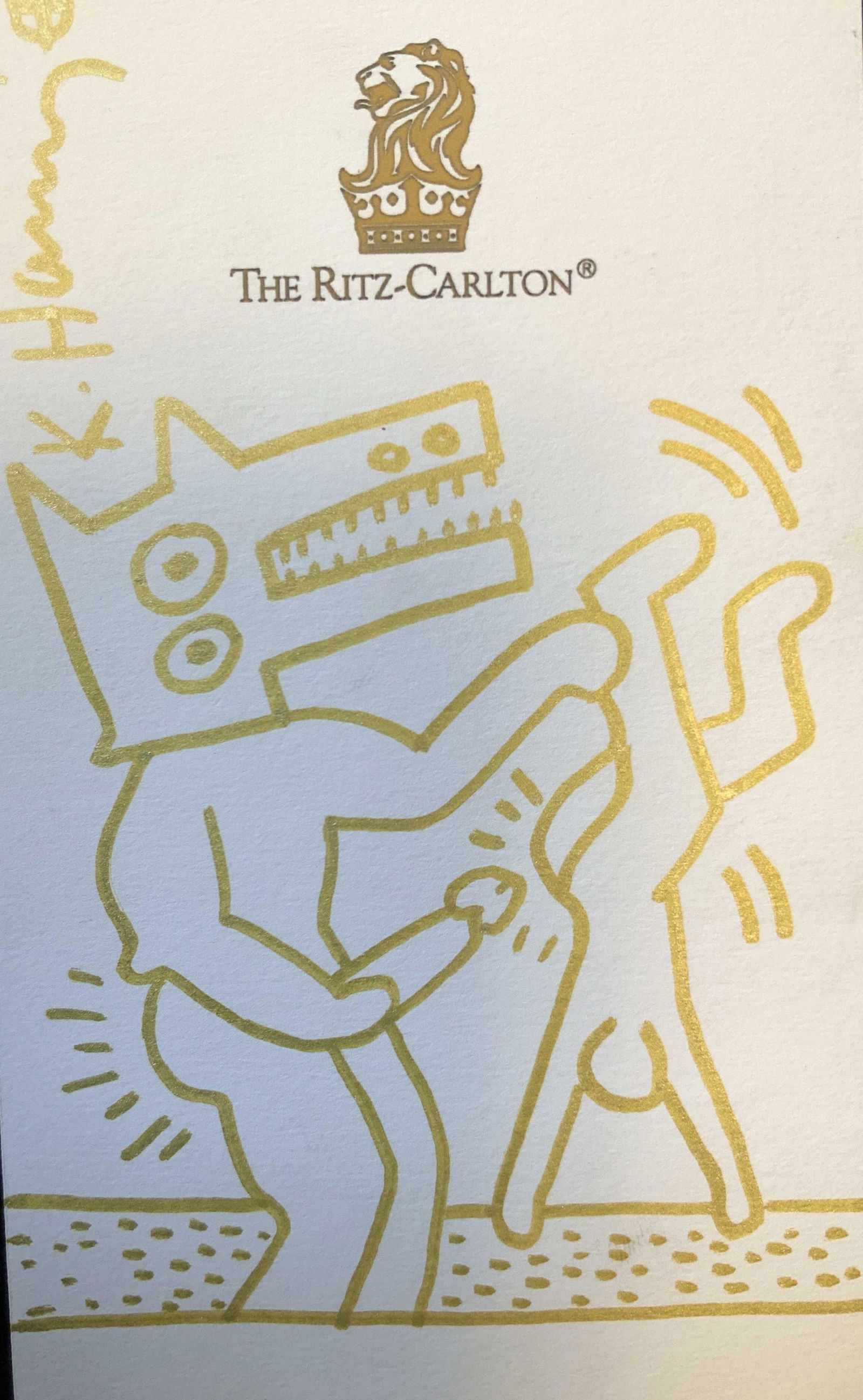 Signed Illustration on Paper after Keith Harring: Keith Haring illustration on small Ritz Carlton Stationery measures app 6 by 4 inches, possible gold metallic marker, signed, Keith Haring was an American Artist (may 1958-feb1990) whose pop art and g