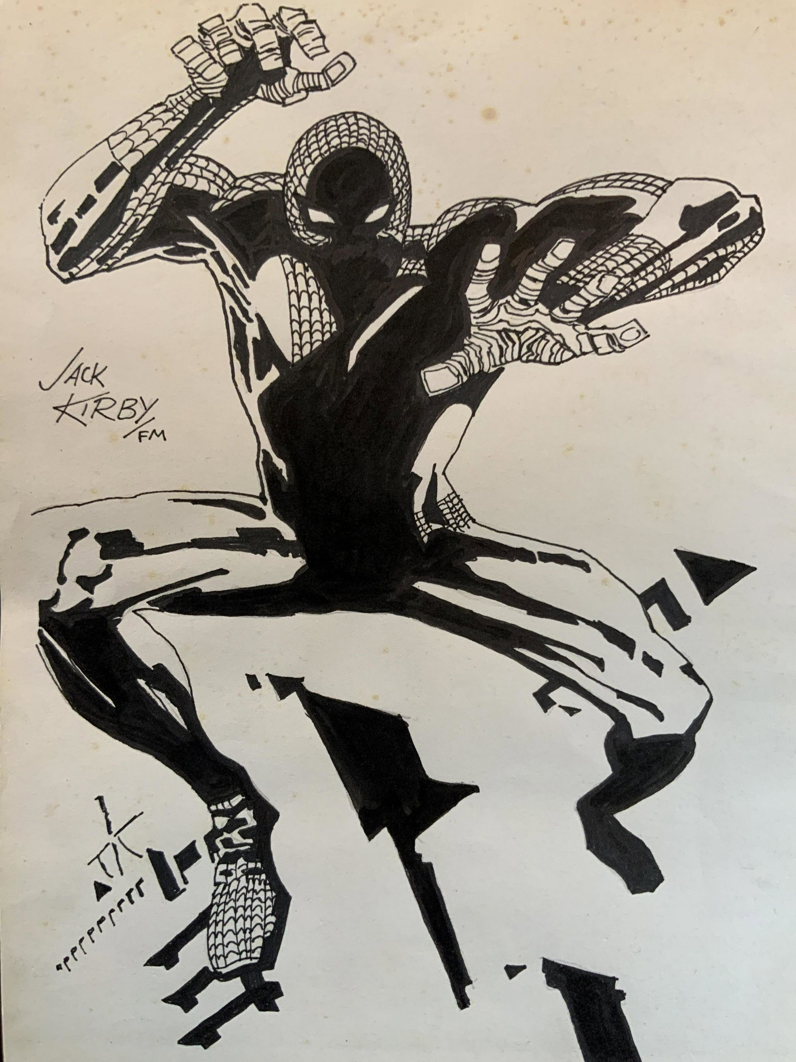 Signed Drawing After Jack Kirby American 1917-94: Signed, Spider-Man Graphite illustration in the cartoon style of Jack Kirby, Spider-Man In action, this dynamic image depicts the Marvel Comics hero, Spider-Man, Jack Kirby was an Acclaimed American i